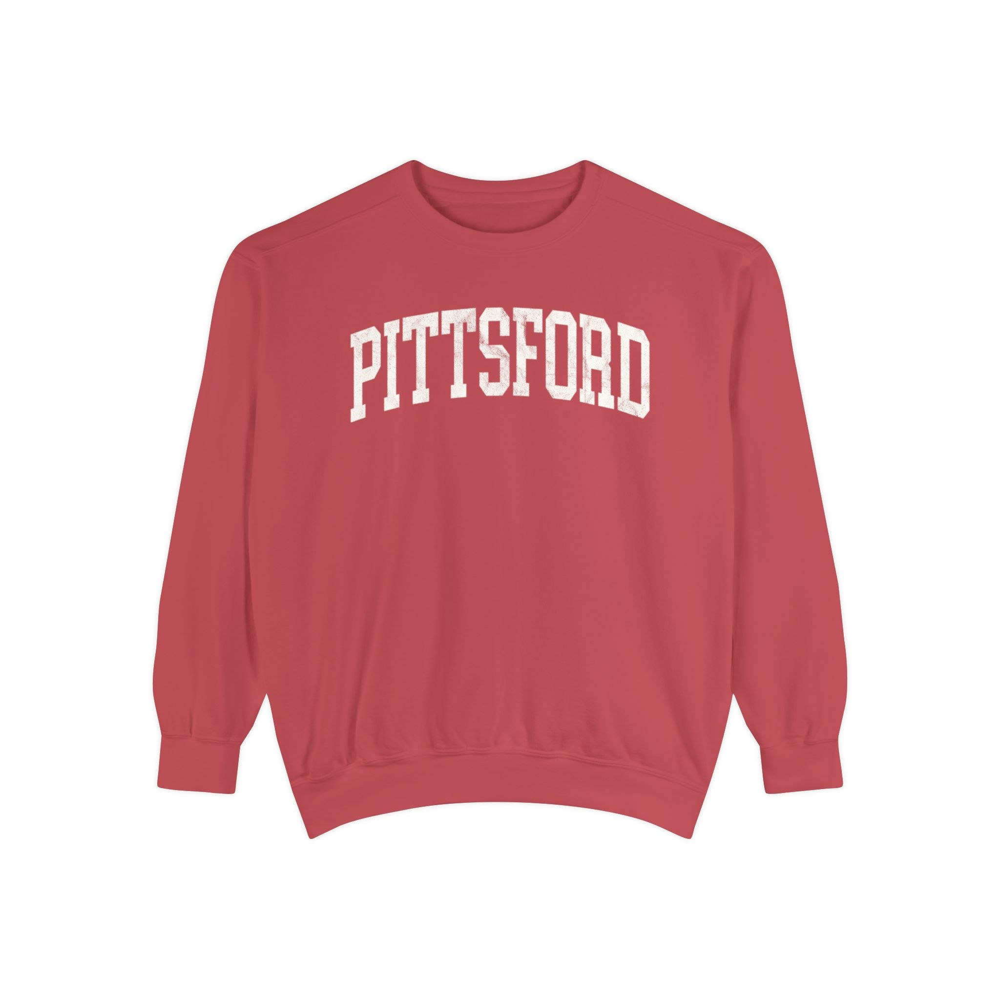 Pittsford Garment-Dyed Crewneck in Collegiate Crimson, front — PITTSFORD lettering