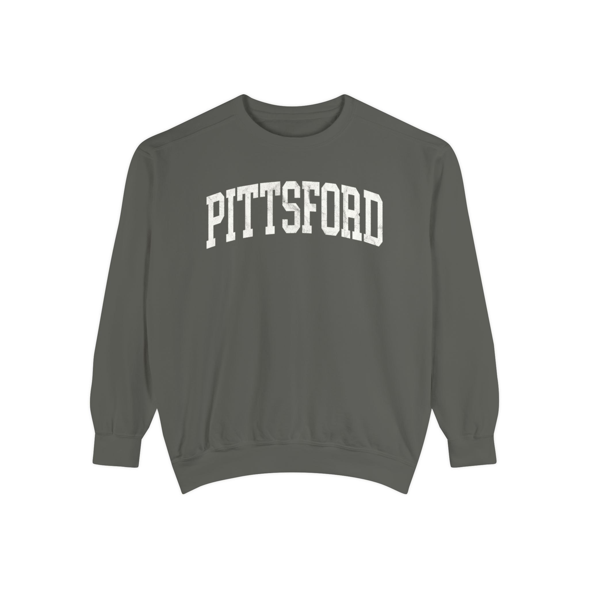 Pittsford Garment-Dyed Crewneck in Concrete, front — PITTSFORD lettering