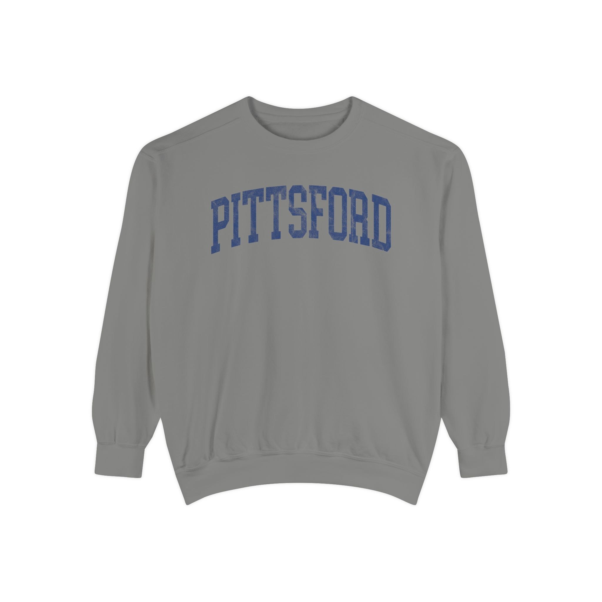 Pittsford Garment-Dyed Crewneck in Dusting, front — PITTSFORD lettering