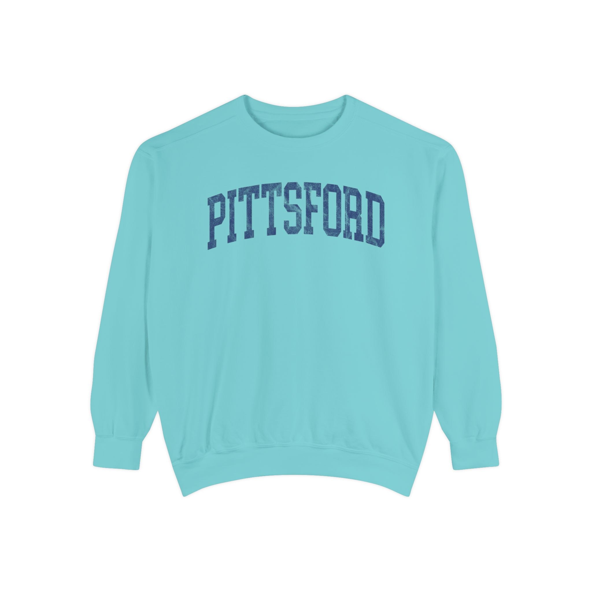 Pittsford Garment-Dyed Crewneck in Light Ice, front — PITTSFORD lettering