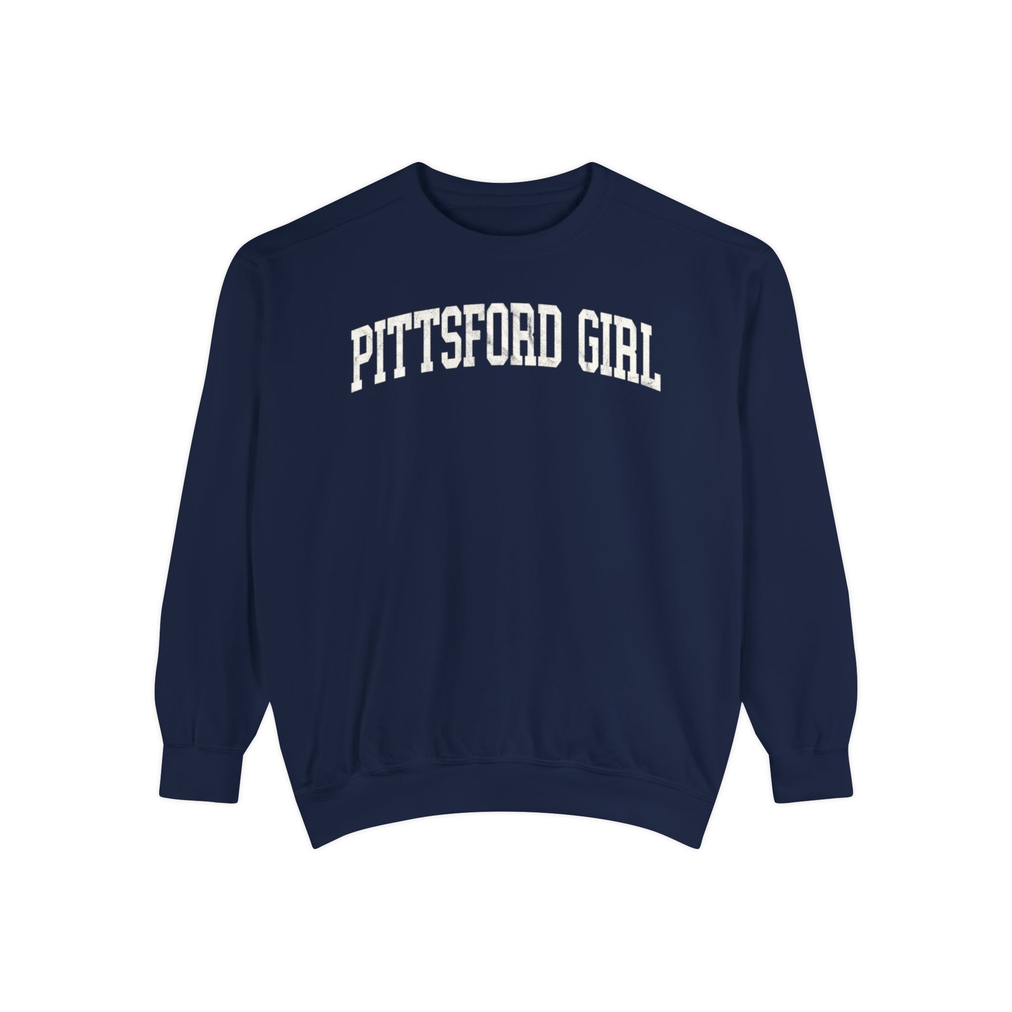 Pittsford Girl Garment-Dyed Crewneck in Boathouse Blue, front — PITTSFORD GIRL lettering