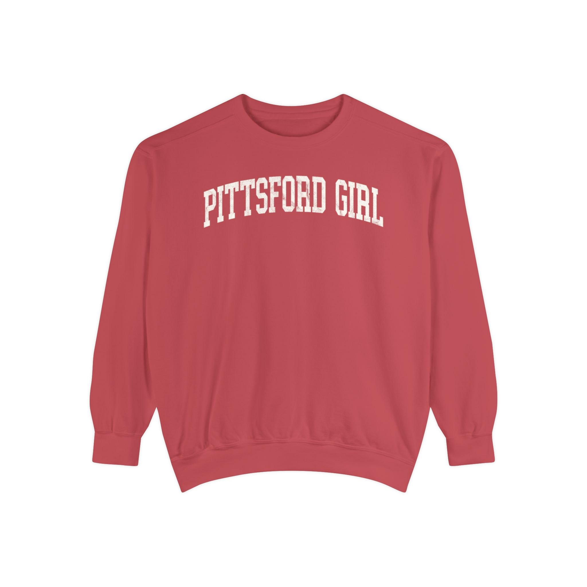 Pittsford Girl Garment-Dyed Crewneck in Collegiate Crimson, front — PITTSFORD GIRL lettering