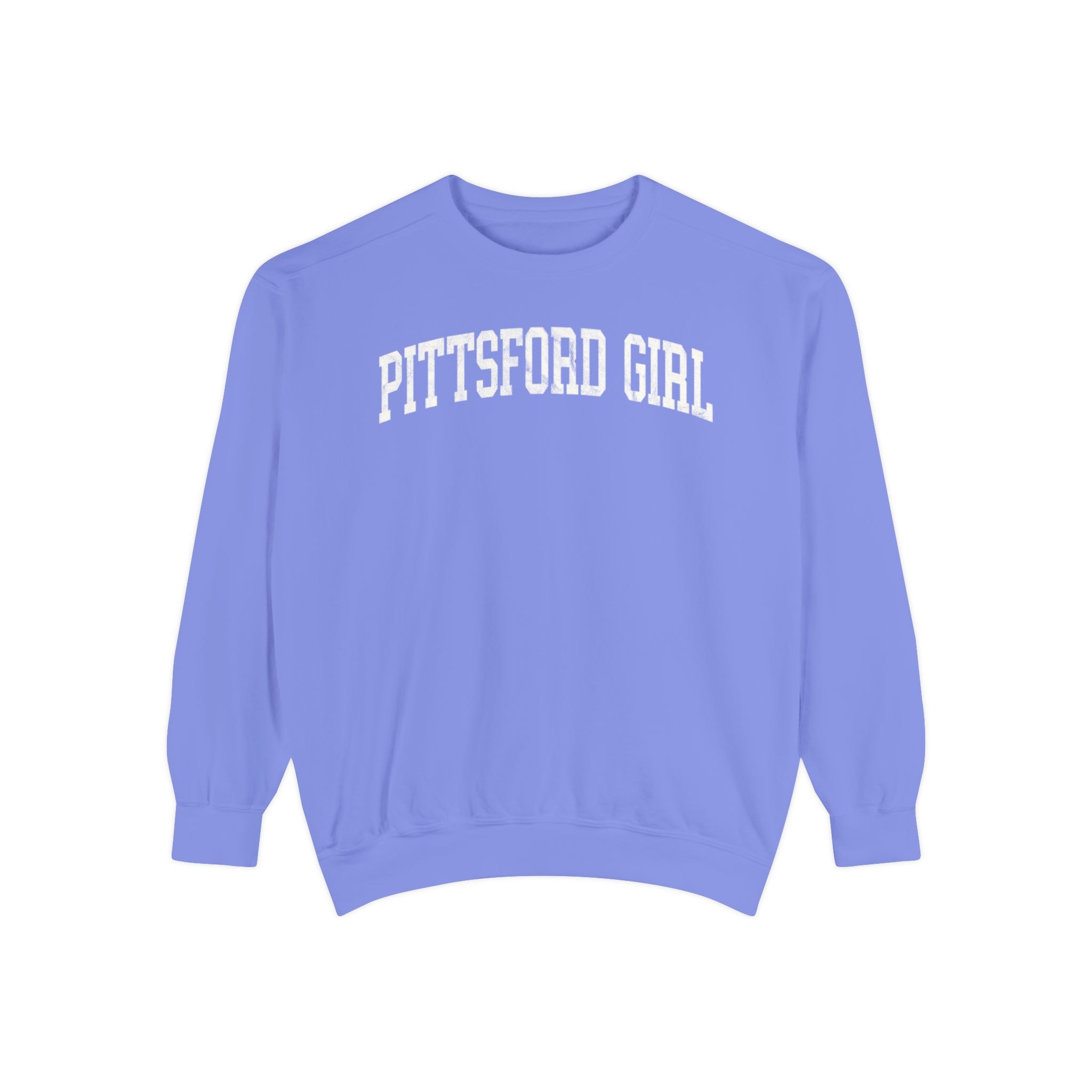 Pittsford Girl Garment-Dyed Crewneck in Conesus Blue, front — PITTSFORD GIRL lettering