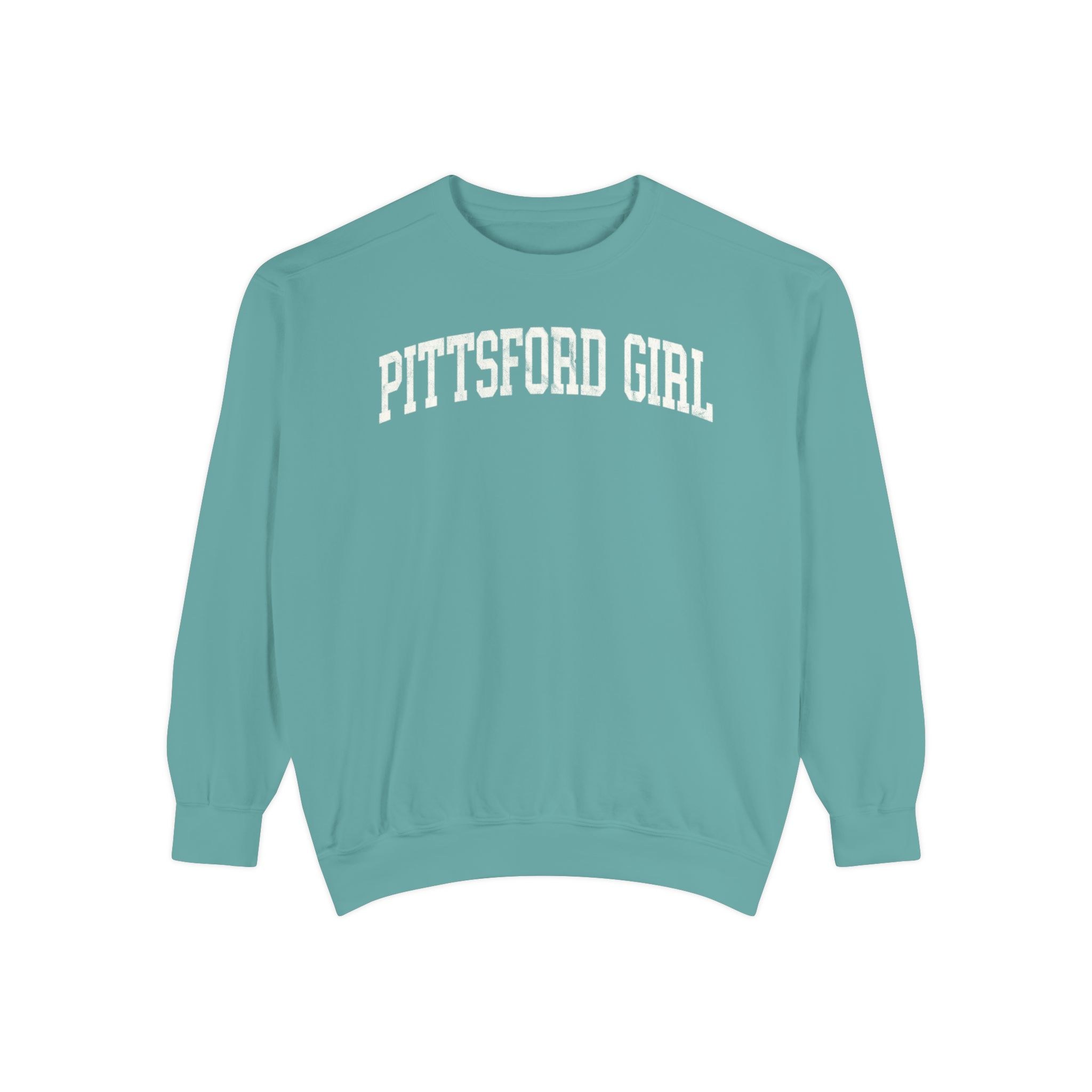 Pittsford Girl Garment-Dyed Crewneck in Erie Blue, front — PITTSFORD GIRL lettering
