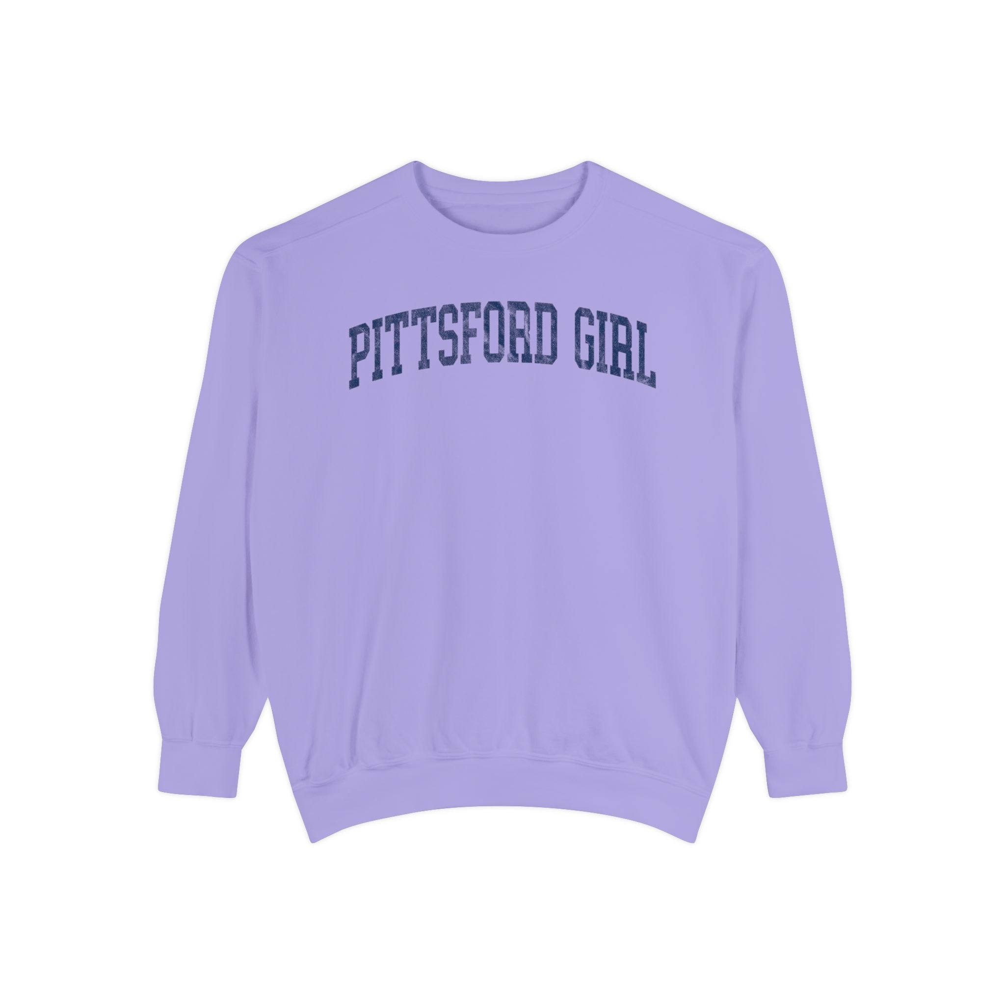 Pittsford Girl Garment-Dyed Crewneck in Lavender Fields, front — PITTSFORD GIRL lettering