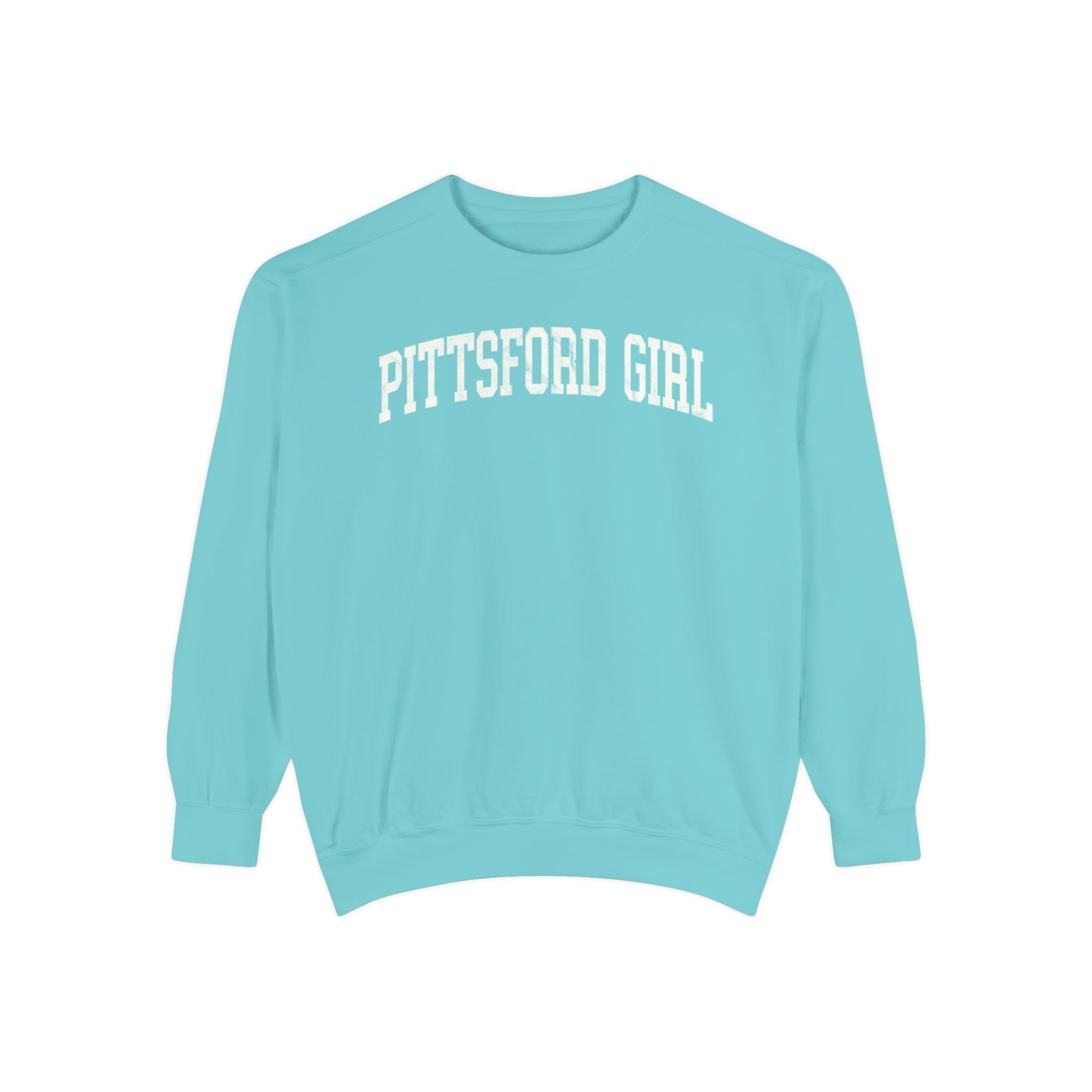 Pittsford Girl Garment-Dyed Crewneck in Light Ice, front — PITTSFORD GIRL lettering