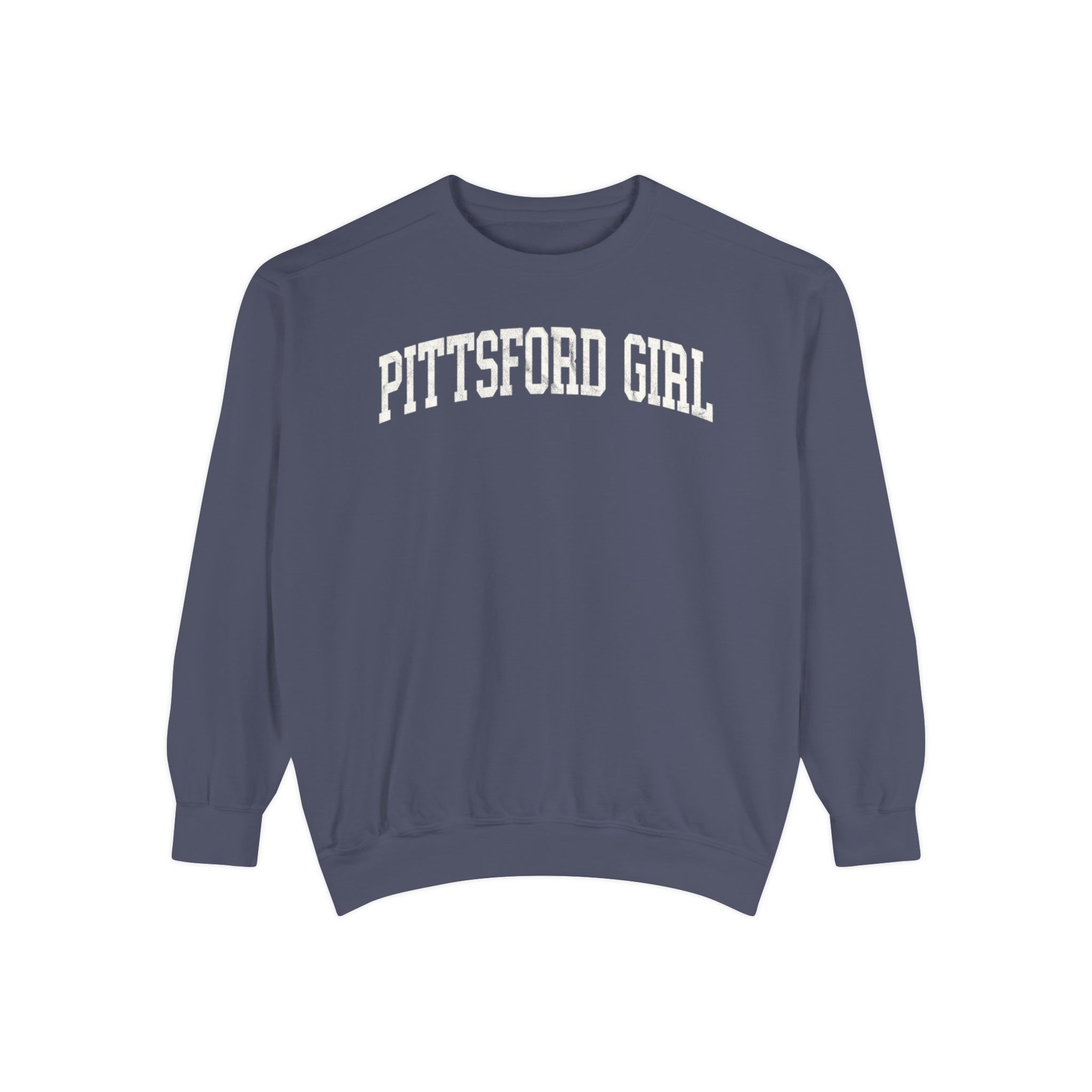 Pittsford Girl Garment-Dyed Crewneck in Predawn, front — PITTSFORD GIRL lettering