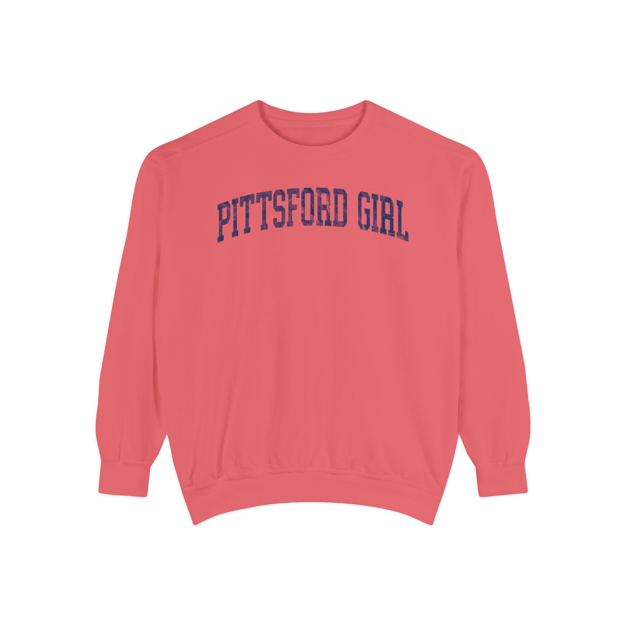 Pittsford Girl Garment-Dyed Crewneck in Strawberry Cloud, front — PITTSFORD GIRL lettering