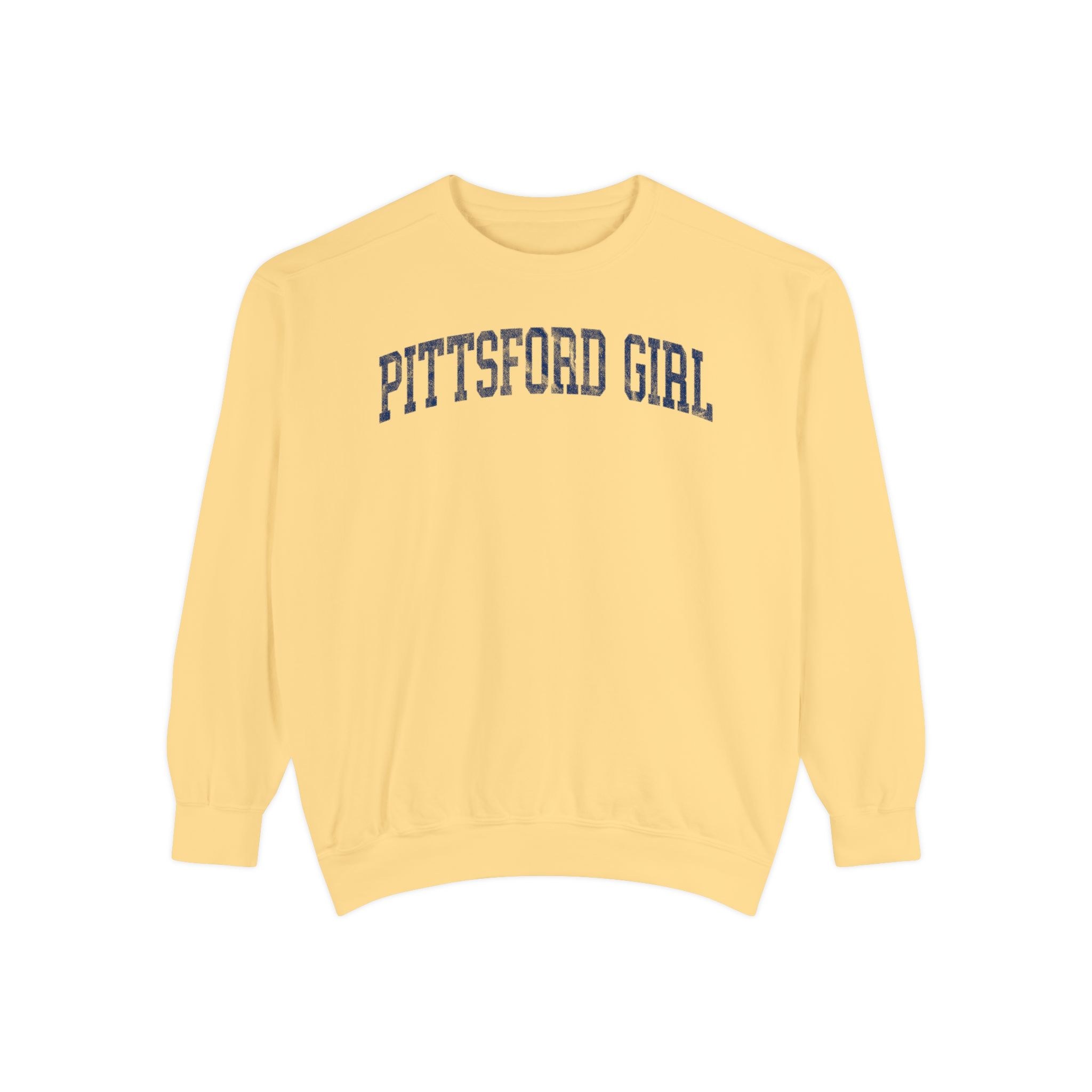 Pittsford Girl Garment-Dyed Crewneck in Unsalted, front — PITTSFORD GIRL lettering