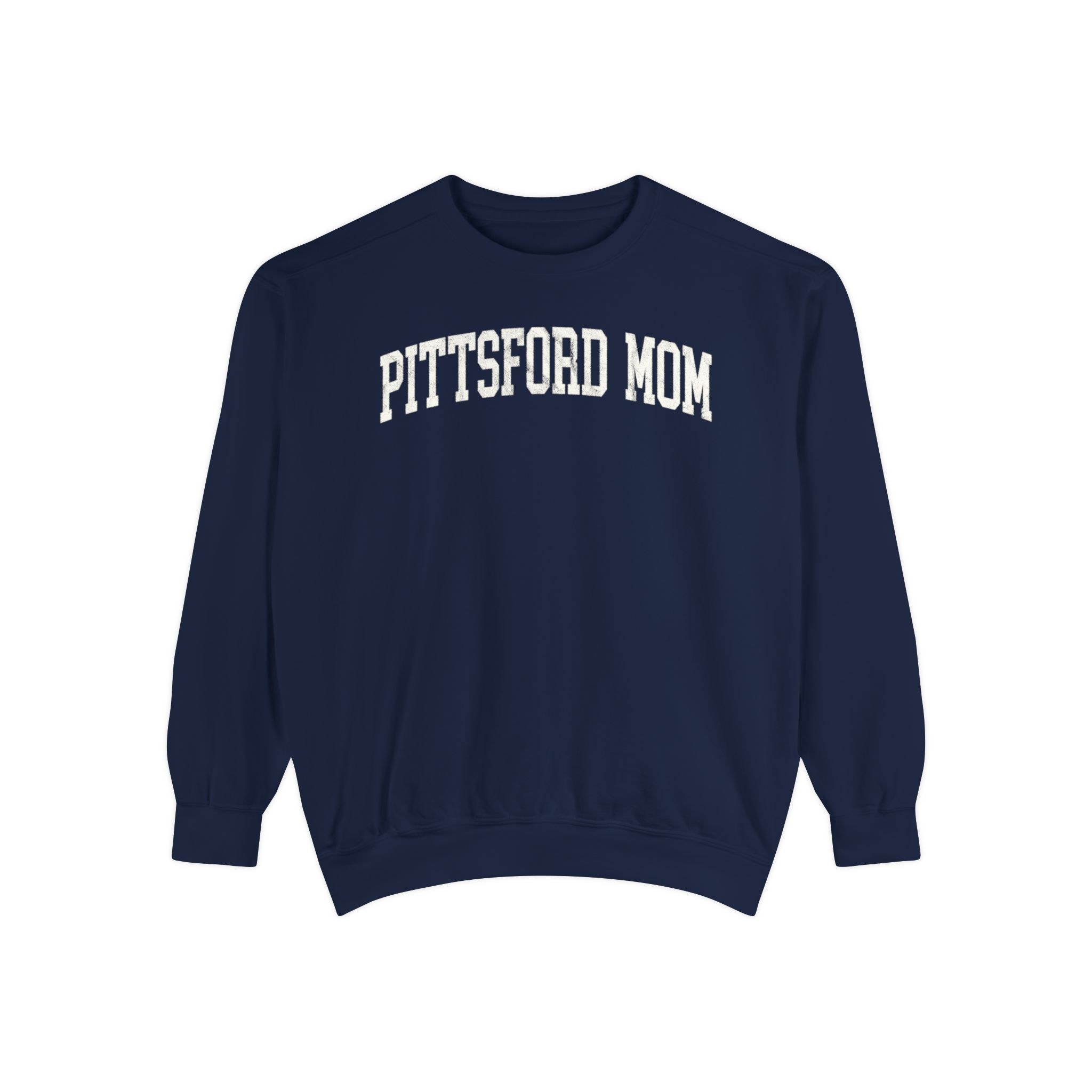 Pittsford Mom Garment-Dyed Crewneck in Boathouse Blue, front — PITTSFORD MOM lettering