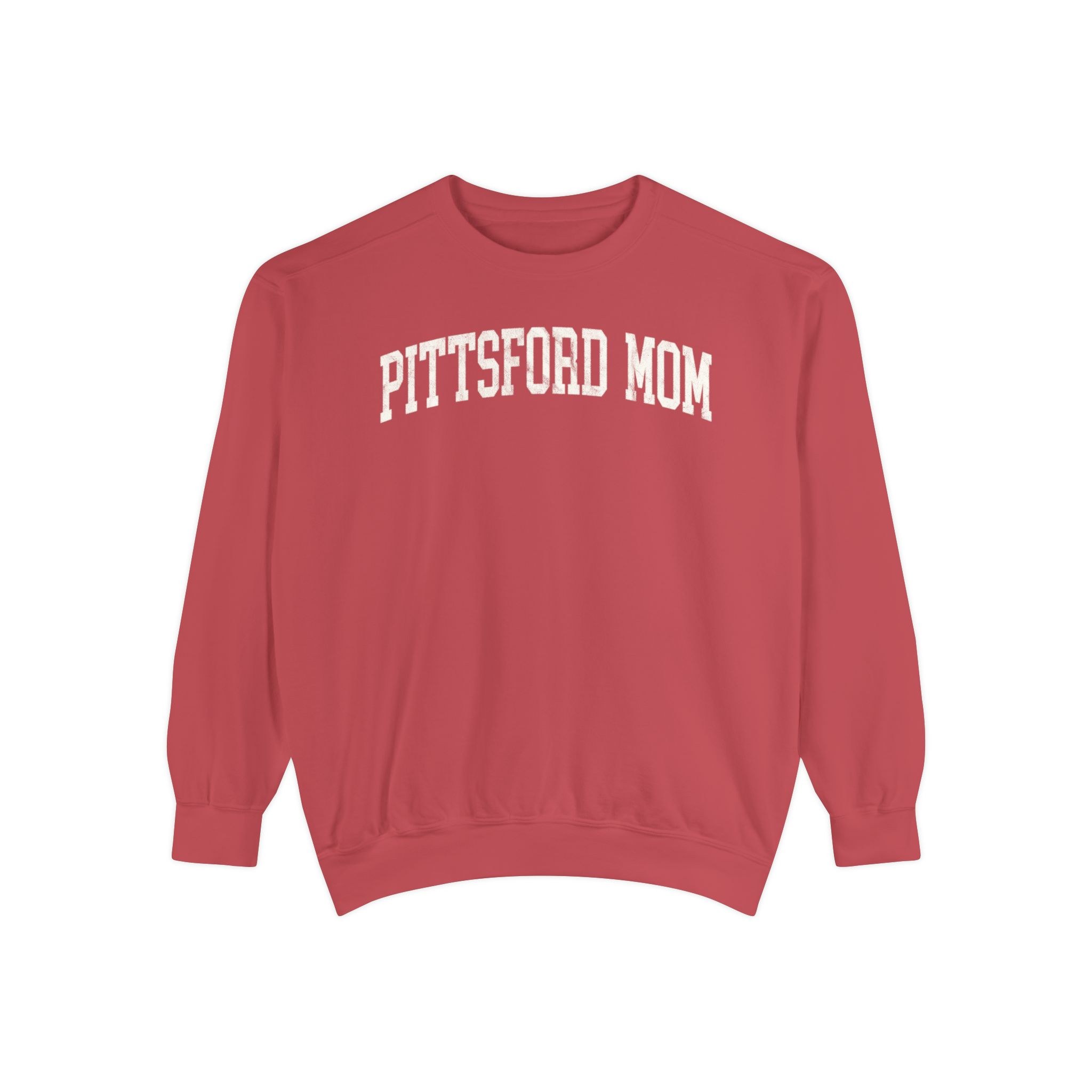 Pittsford Mom Garment-Dyed Crewneck in Collegiate Crimson, front — PITTSFORD MOM lettering