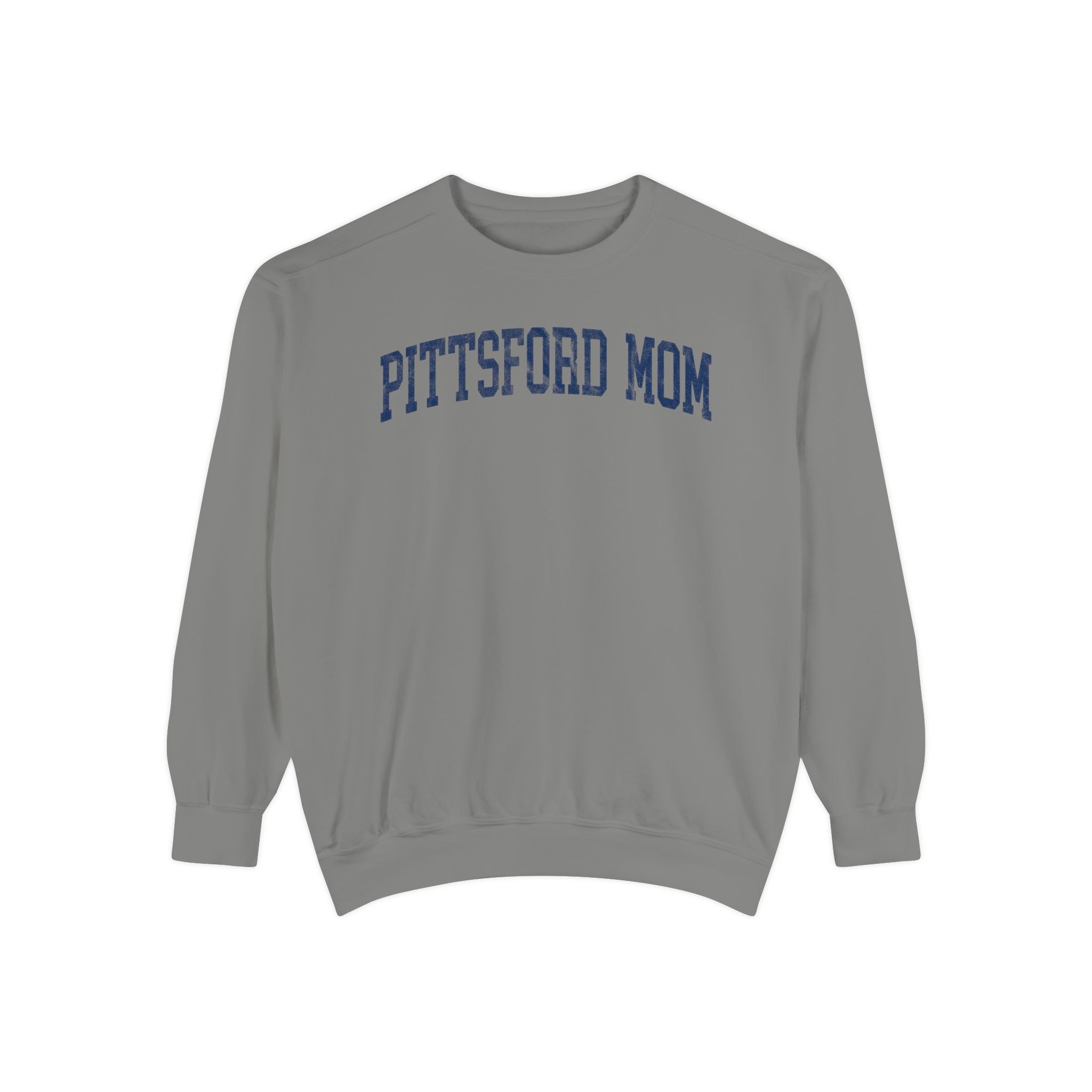 Pittsford Mom Garment-Dyed Crewneck in Dusting, front — PITTSFORD MOM lettering