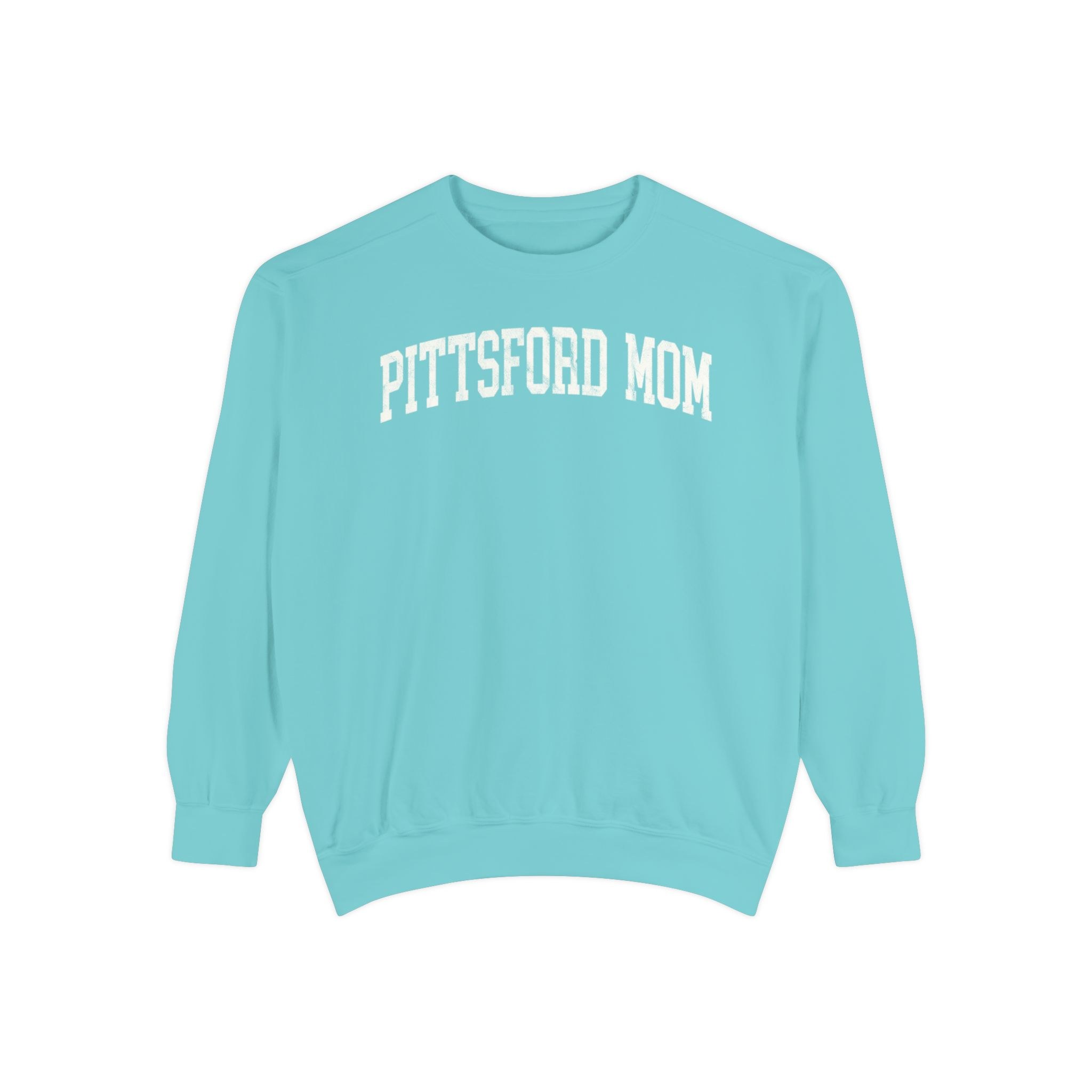 Pittsford Mom Garment-Dyed Crewneck in Light Ice, front — PITTSFORD MOM lettering