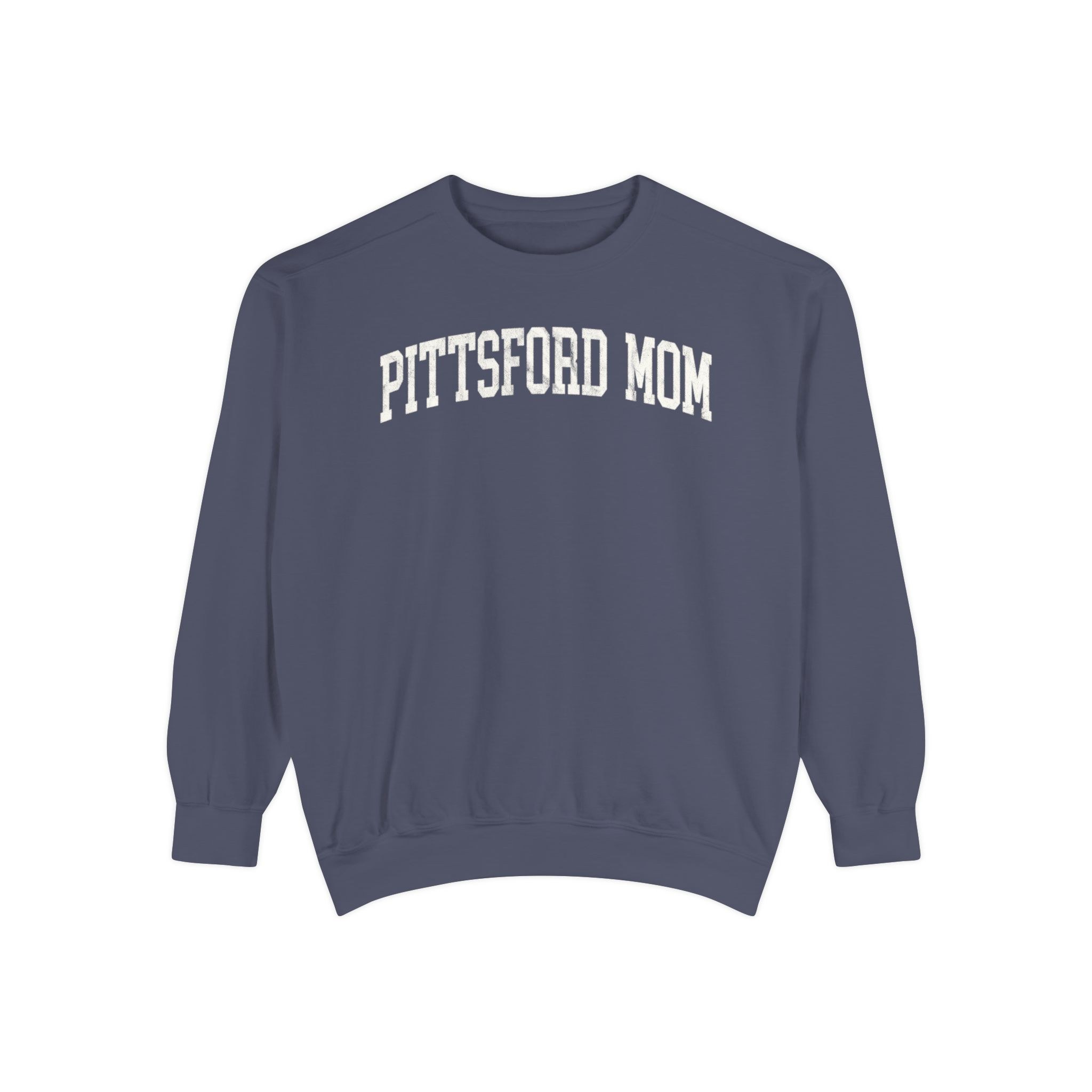 Pittsford Mom Garment-Dyed Crewneck in Predawn, front — PITTSFORD MOM lettering