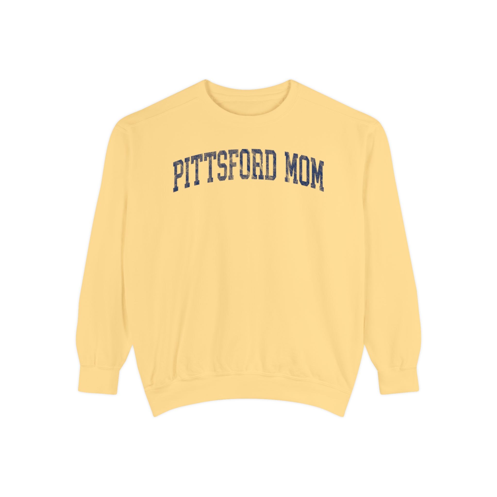 Pittsford Mom Garment-Dyed Crewneck in Unsalted, front — PITTSFORD MOM lettering