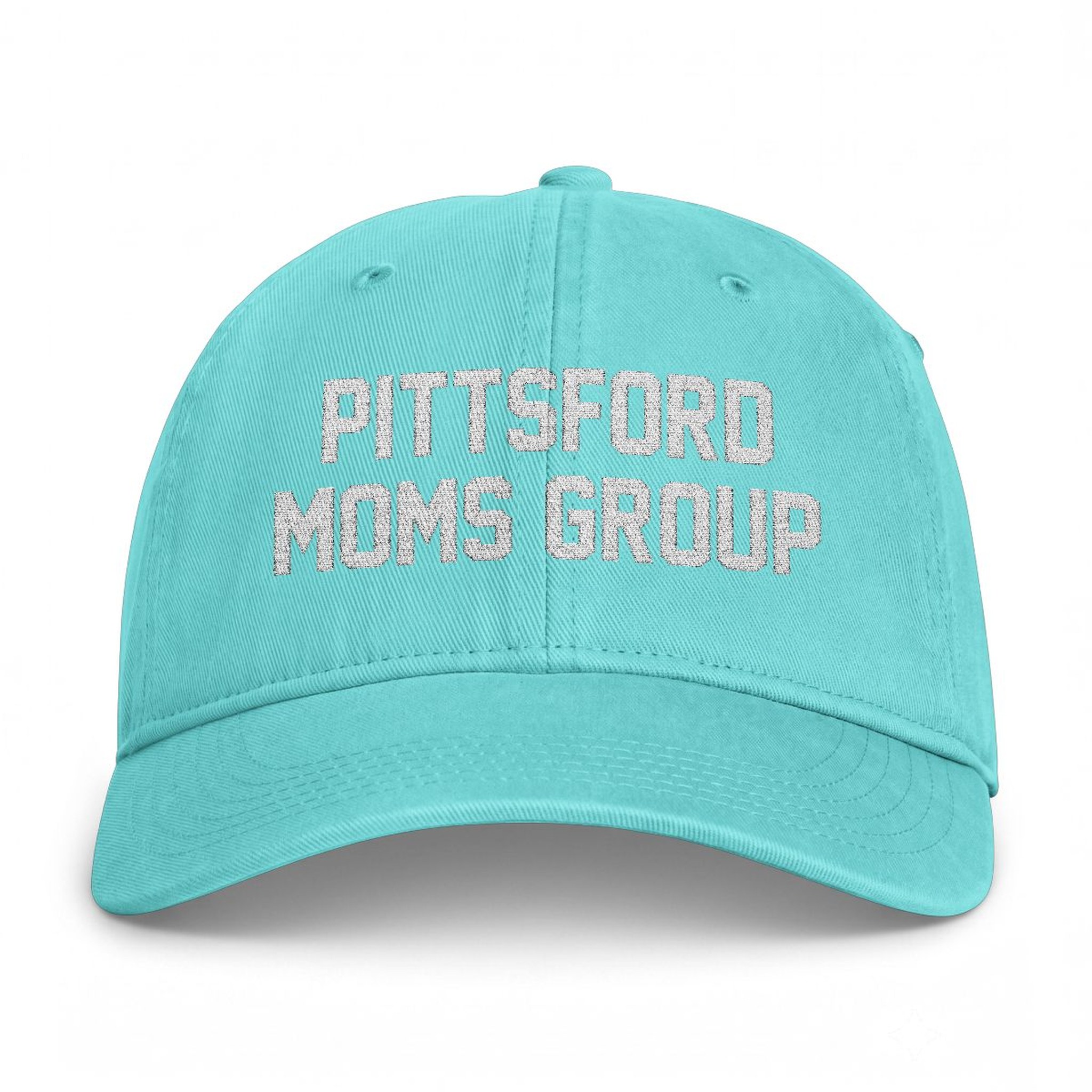 Pittsford Moms Group Embroidered Cap in Chalky Mint, front — PITTSFORD MOMS GROUP lettering