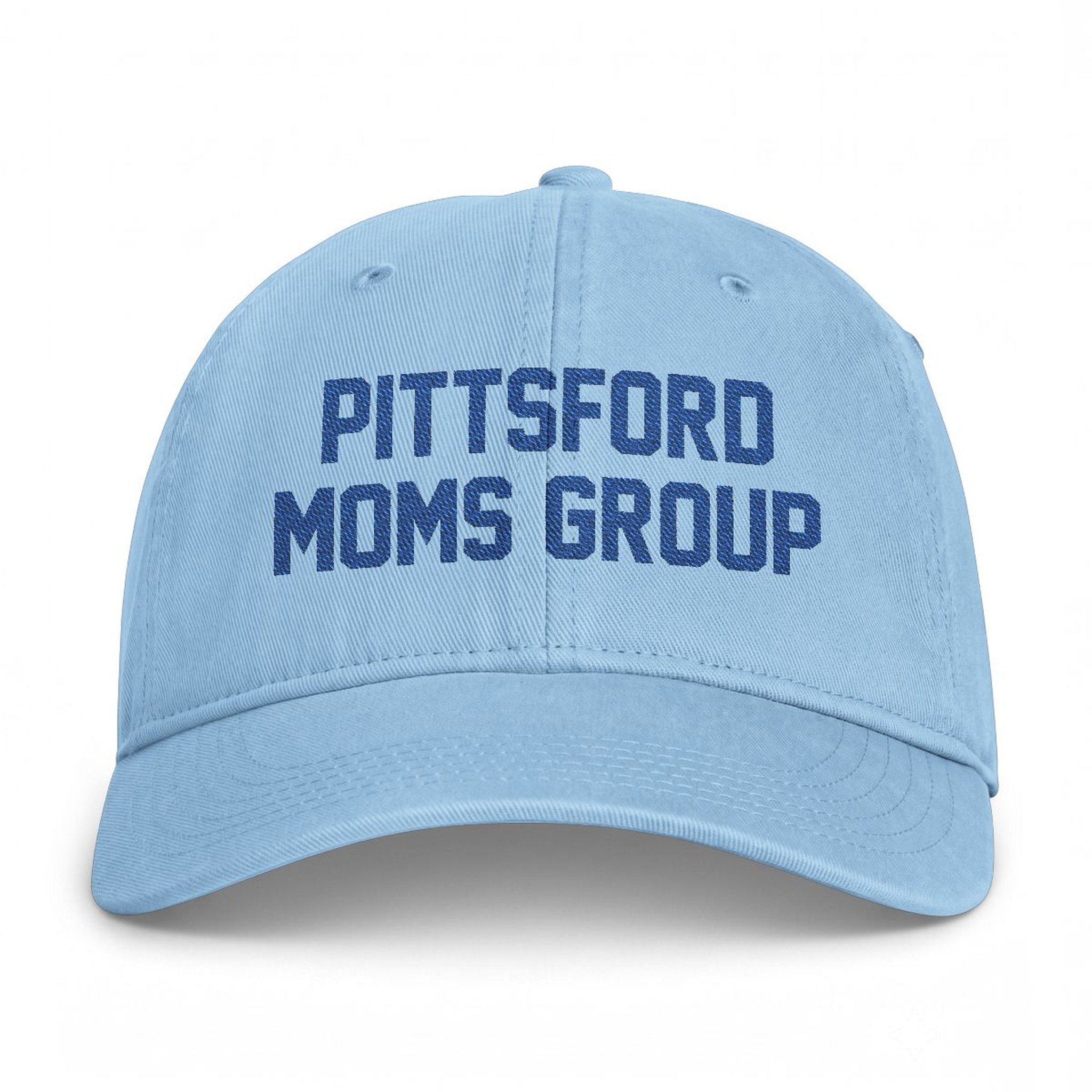 Pittsford Moms Group Embroidered Cap in Hydrangea, front — PITTSFORD MOMS GROUP lettering