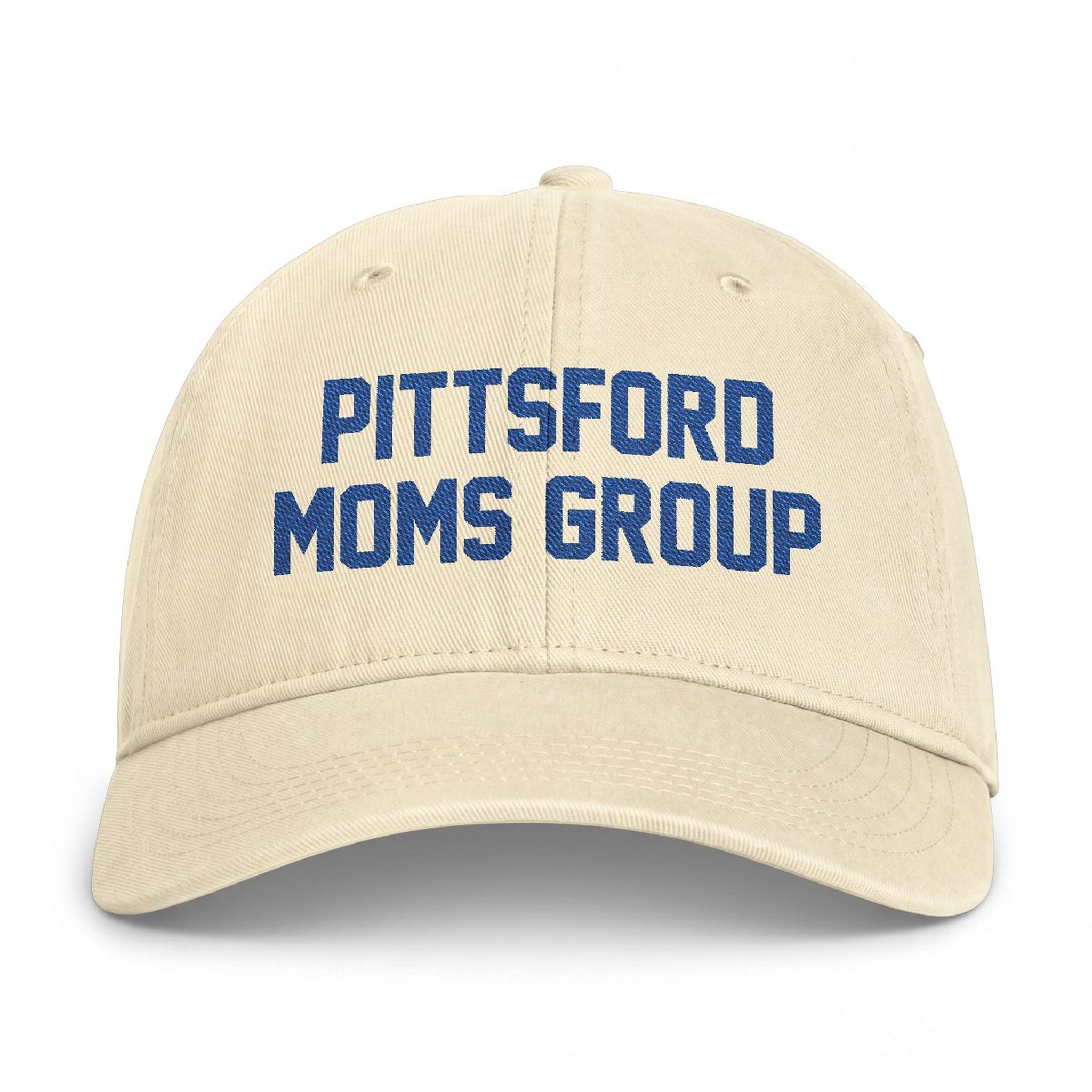 Pittsford Moms Group Embroidered Cap in Ivory, front — PITTSFORD MOMS GROUP lettering