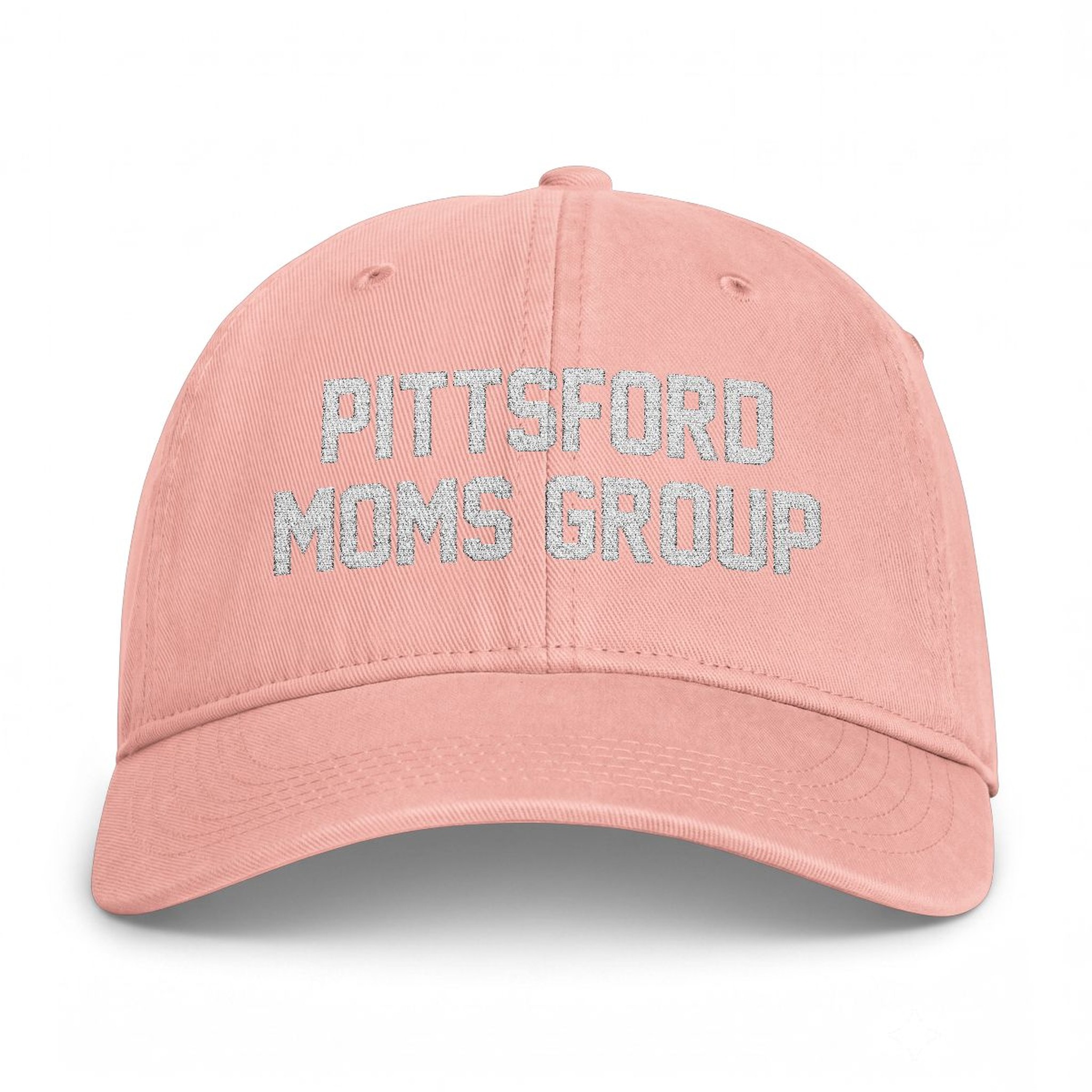 Pittsford Moms Group Embroidered Cap in Peachy, front — PITTSFORD MOMS GROUP lettering