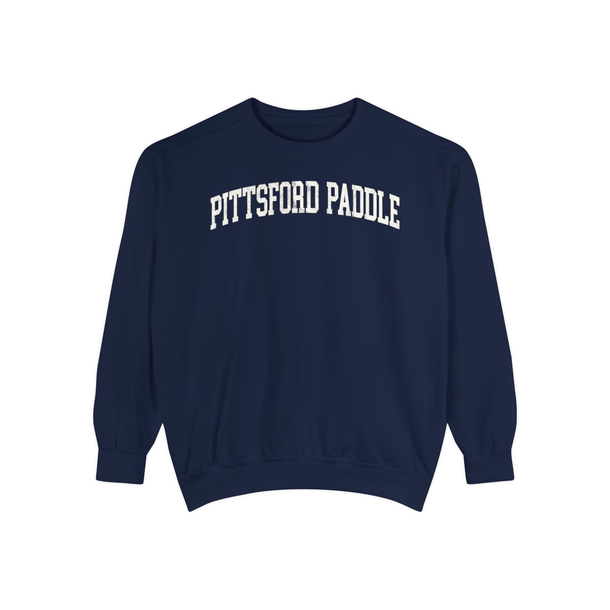 Pittsford Paddle Garment-Dyed Crewneck in Boathouse Blue, front — PITTSFORD PADDLE lettering