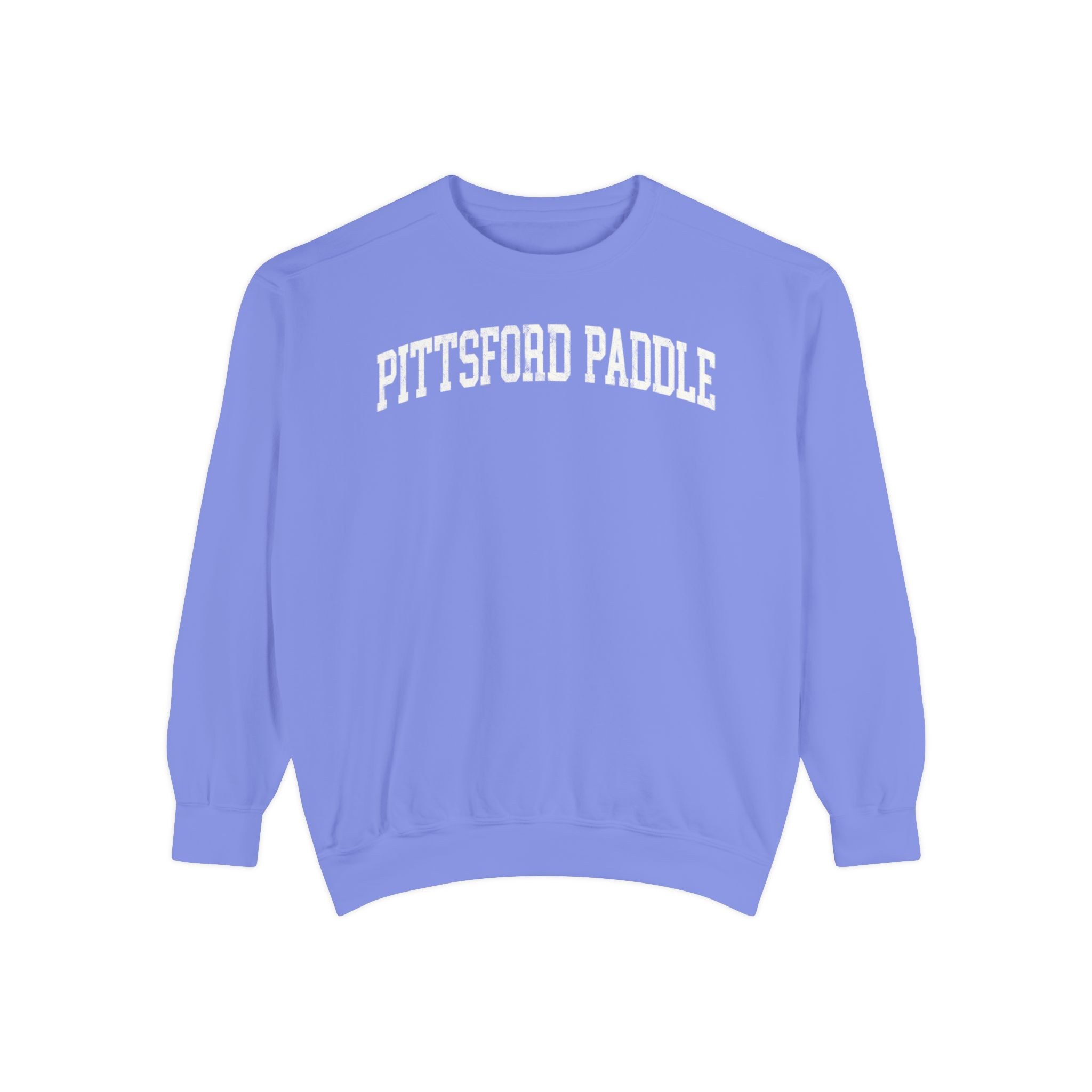 Pittsford Paddle Garment-Dyed Crewneck in Conesus Blue, front — PITTSFORD PADDLE lettering