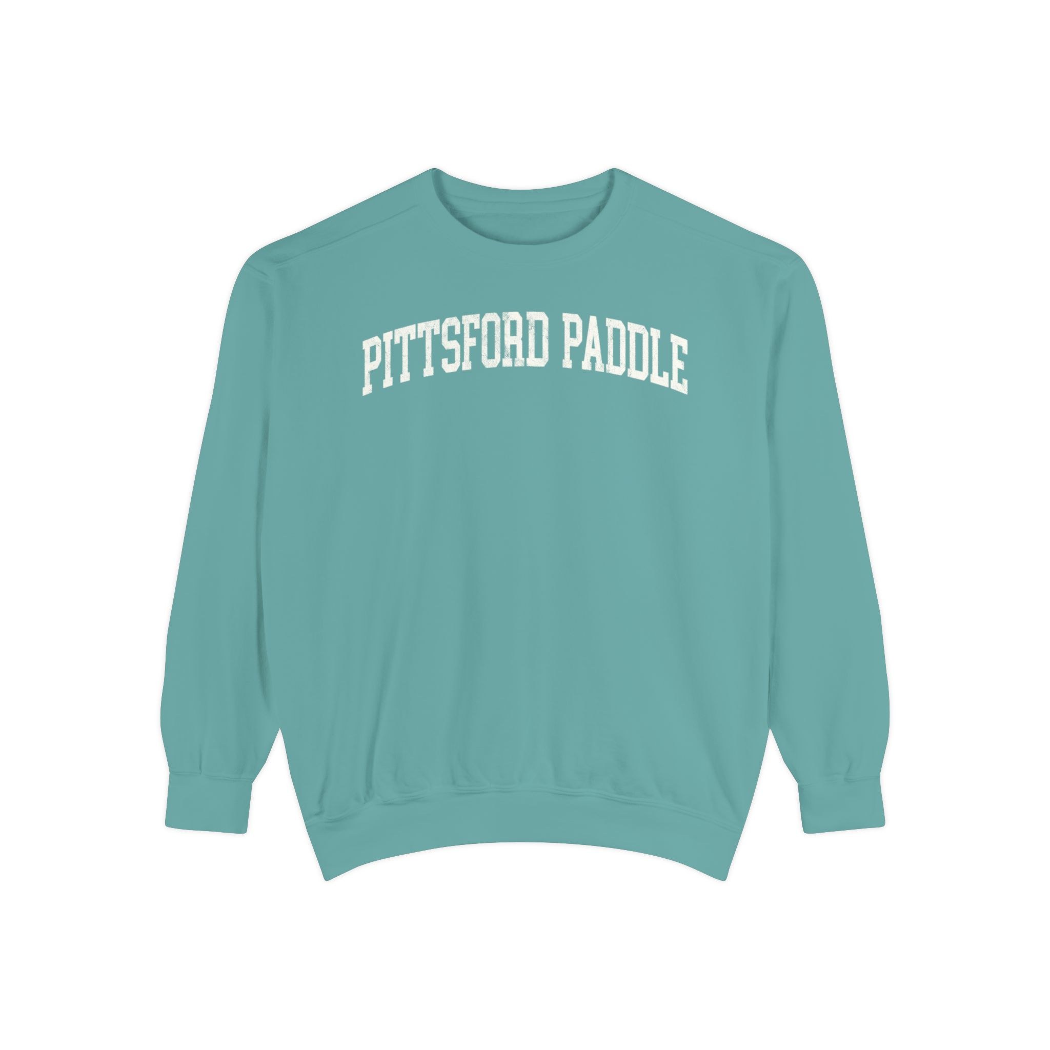 Pittsford Paddle Garment-Dyed Crewneck in Erie Blue, front — PITTSFORD PADDLE lettering