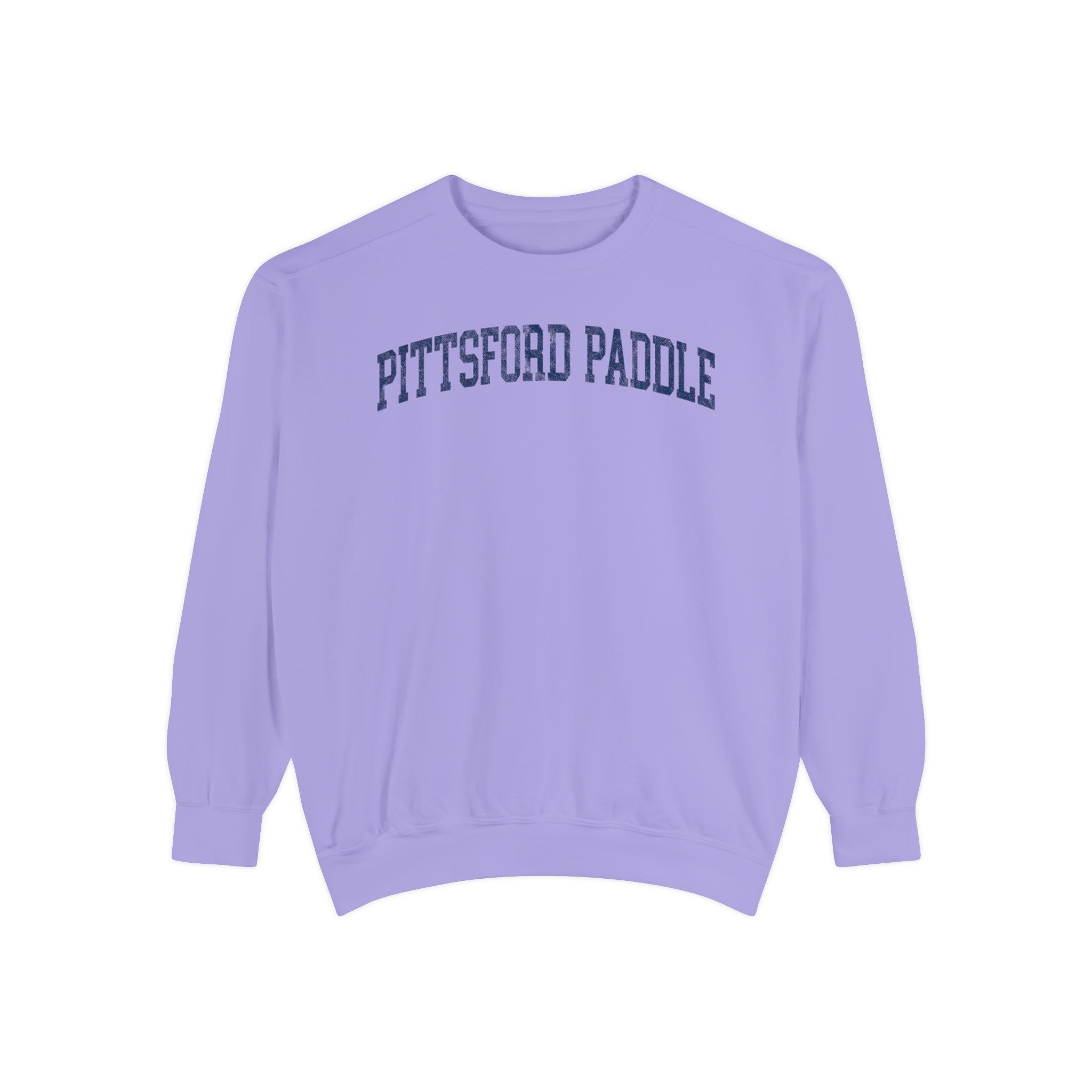 Pittsford Paddle Garment-Dyed Crewneck in Lavender Fields, front — PITTSFORD PADDLE lettering