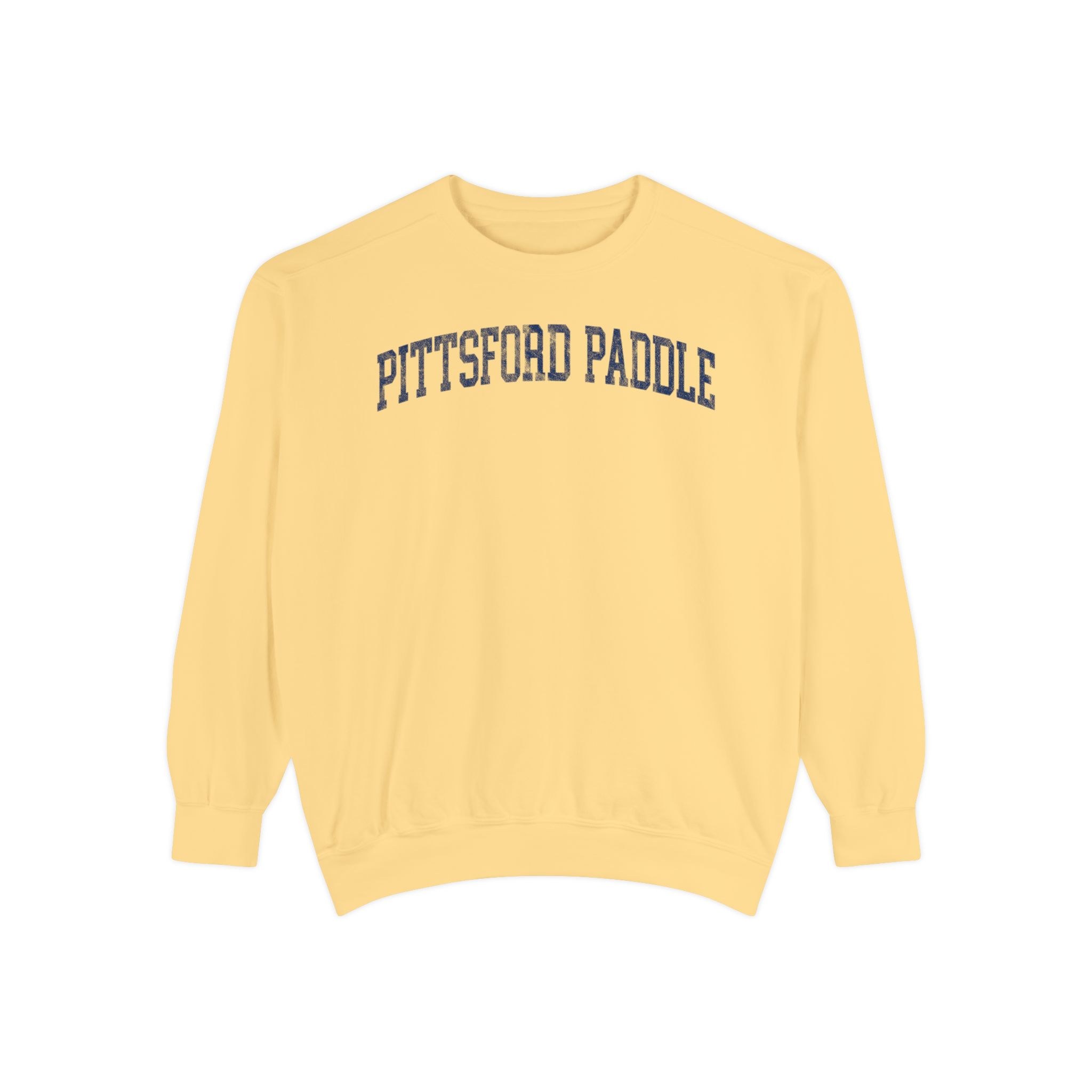 Pittsford Paddle Garment-Dyed Crewneck in Unsalted, front — PITTSFORD PADDLE lettering