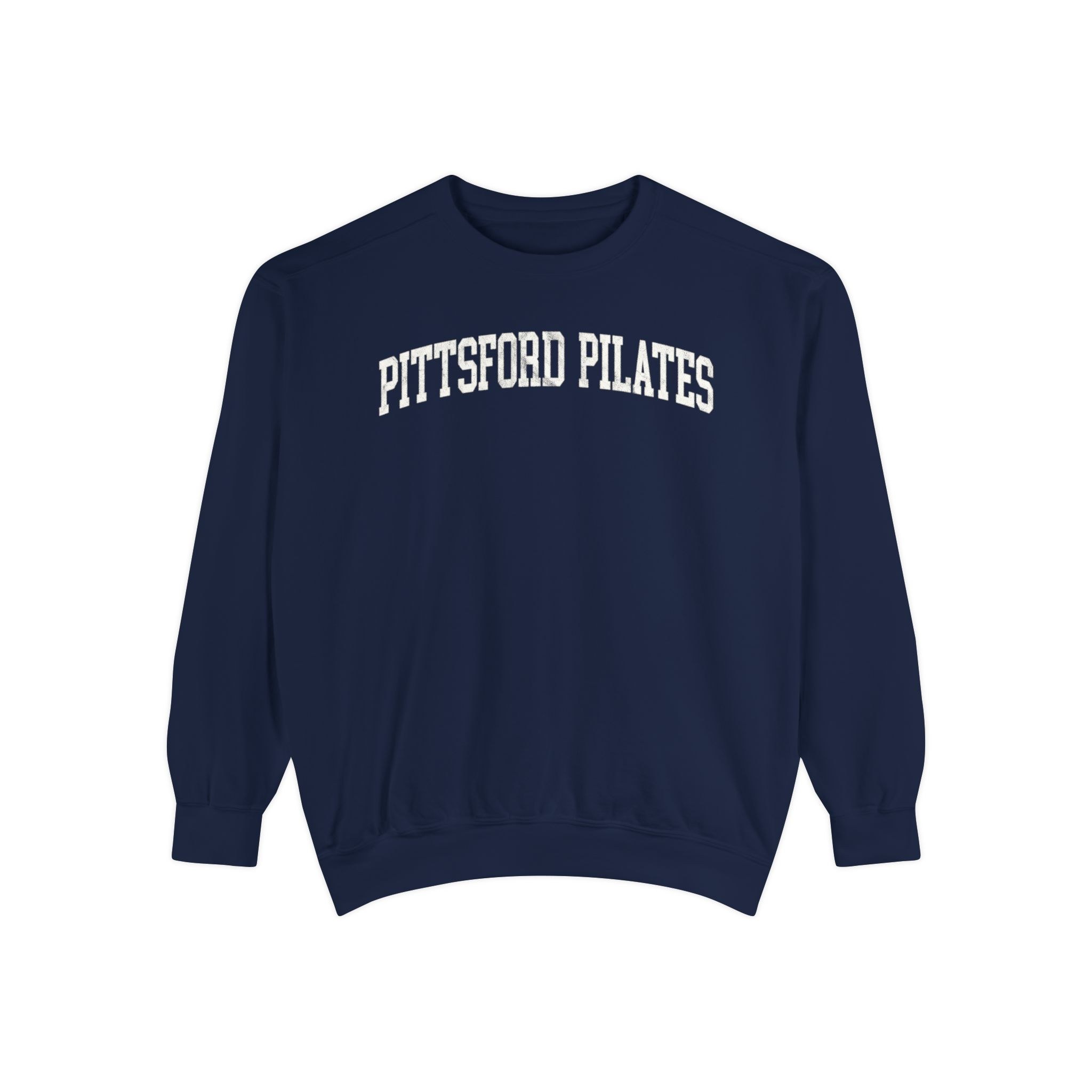 Pittsford Pilates Garment-Dyed Crewneck in Boathouse Blue, front — PITTSFORD PILATES lettering