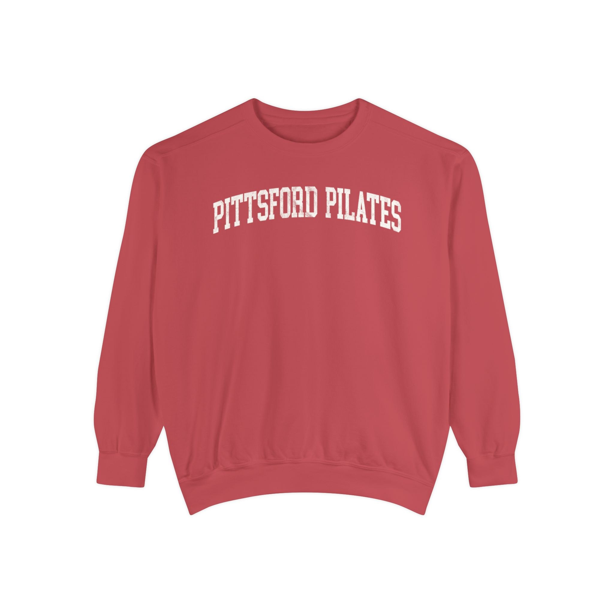 Pittsford Pilates Garment-Dyed Crewneck in Collegiate Crimson, front — PITTSFORD PILATES lettering