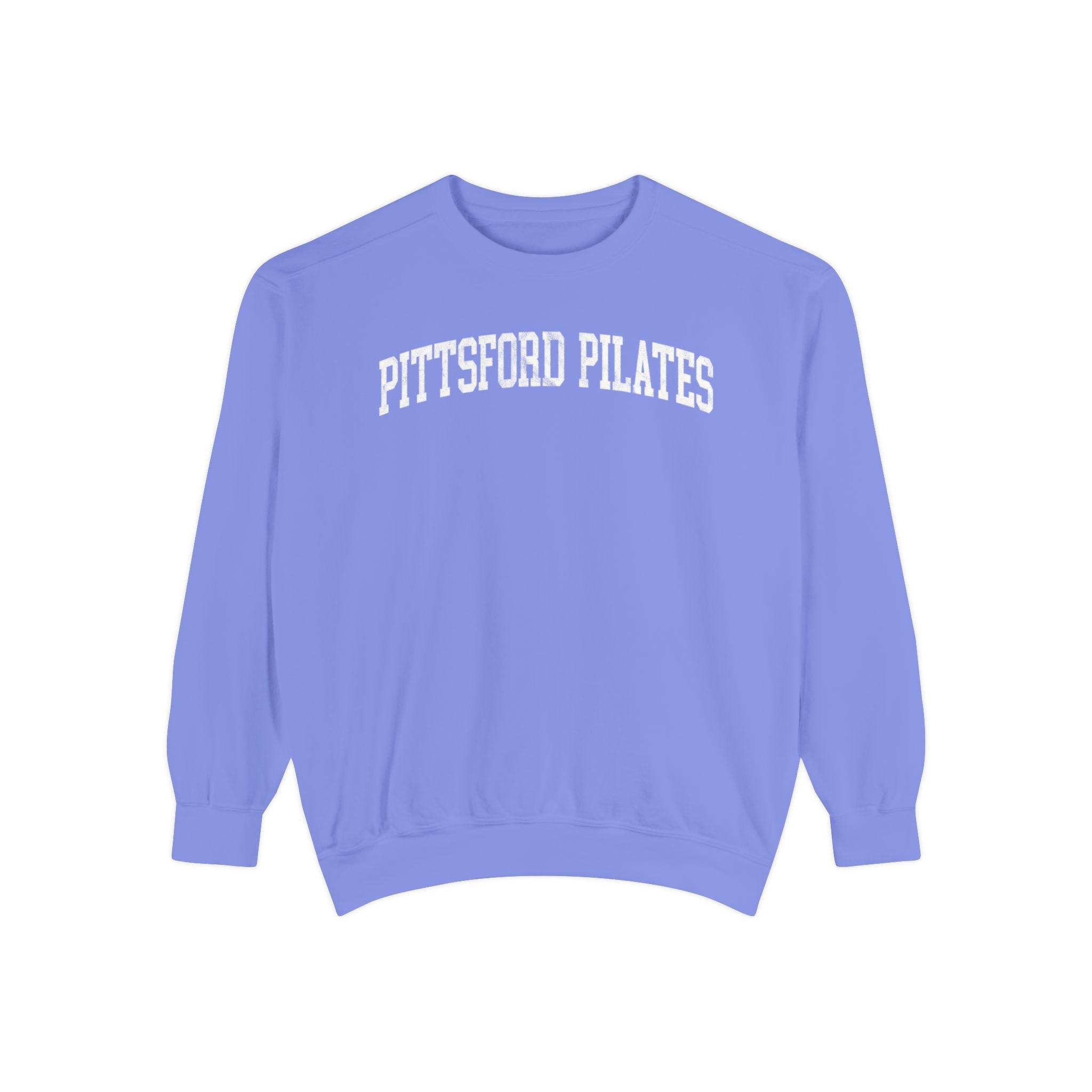 Pittsford Pilates Garment-Dyed Crewneck in Conesus Blue, front — PITTSFORD PILATES lettering