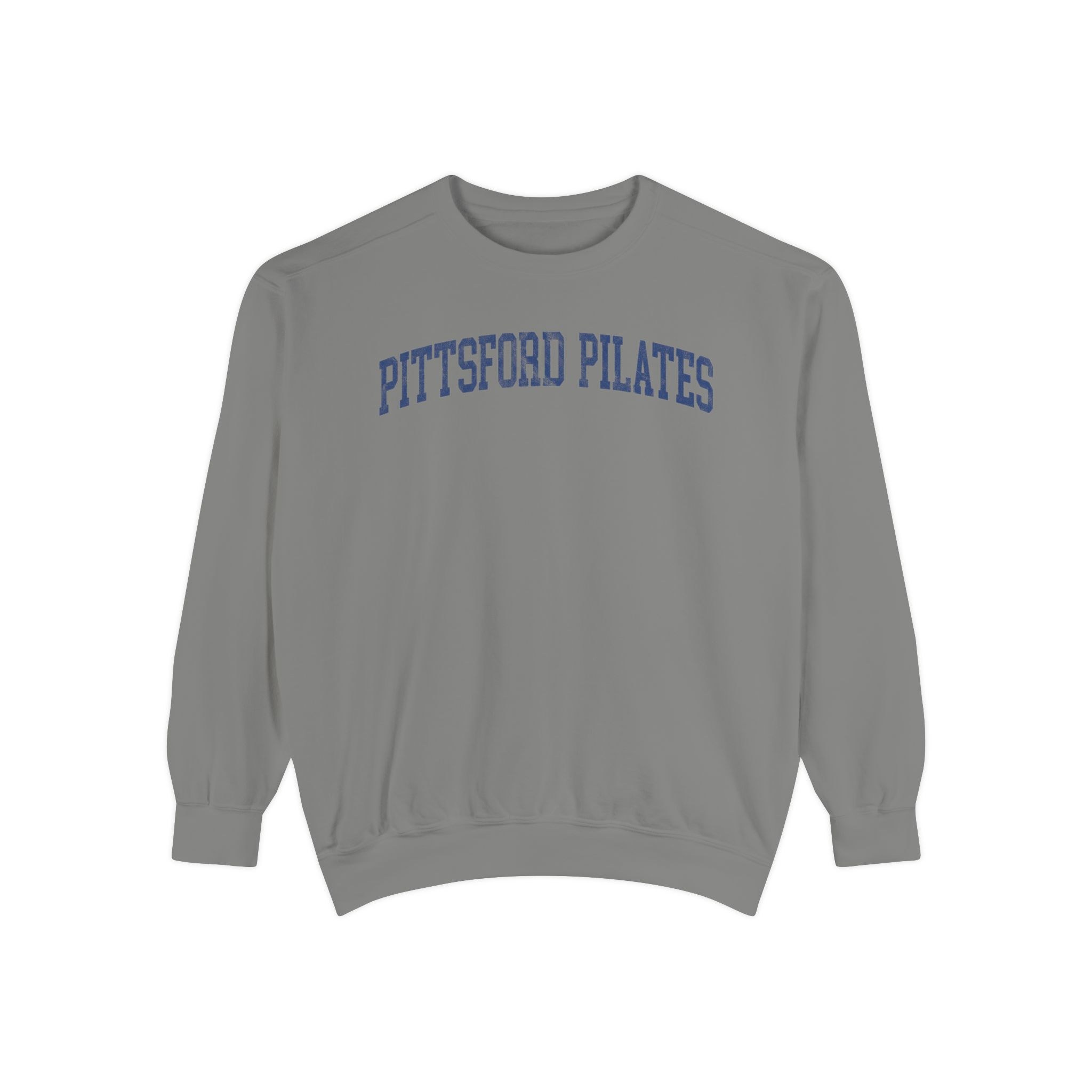 Pittsford Pilates Garment-Dyed Crewneck in Dusting, front — PITTSFORD PILATES lettering