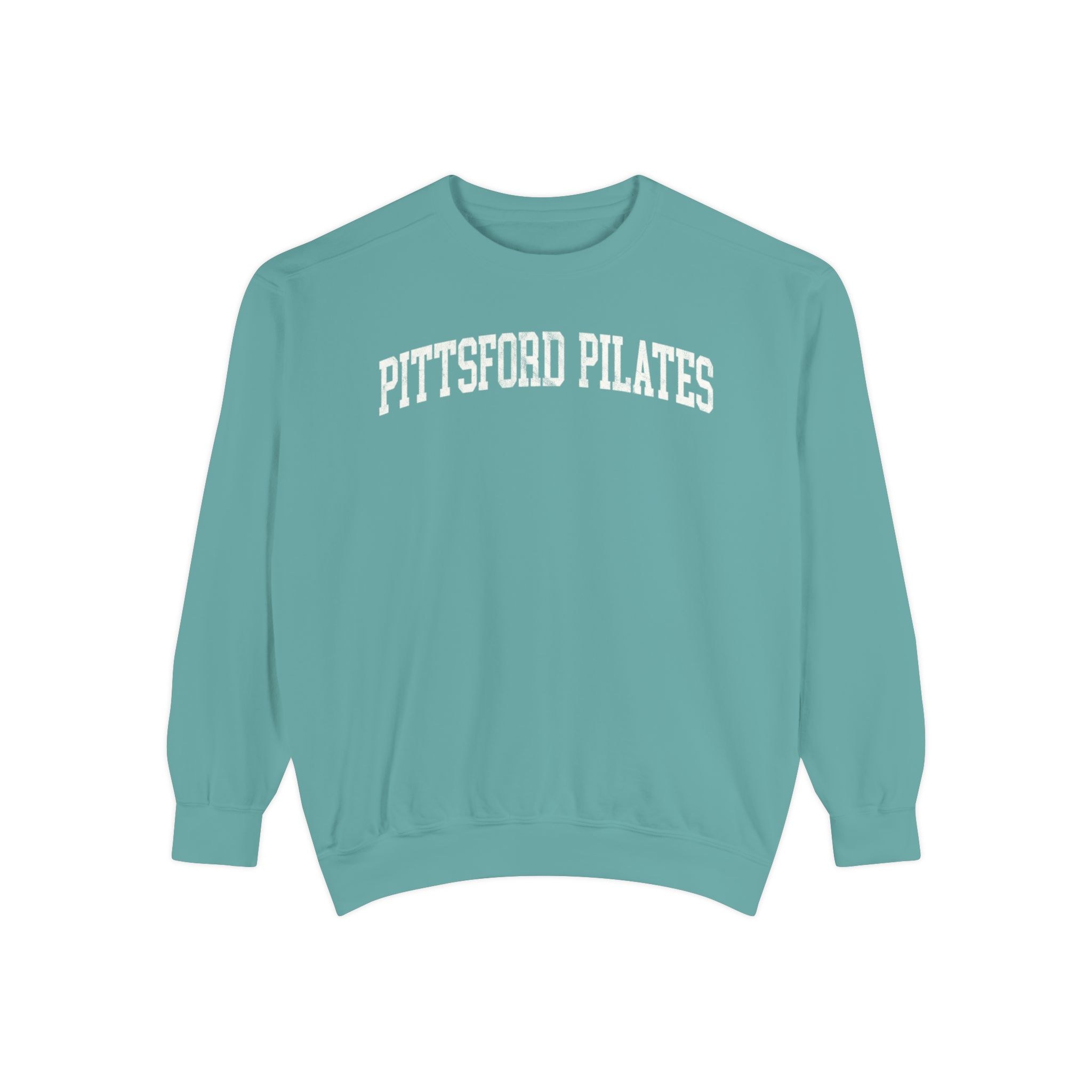 Pittsford Pilates Garment-Dyed Crewneck in Erie Blue, front — PITTSFORD PILATES lettering
