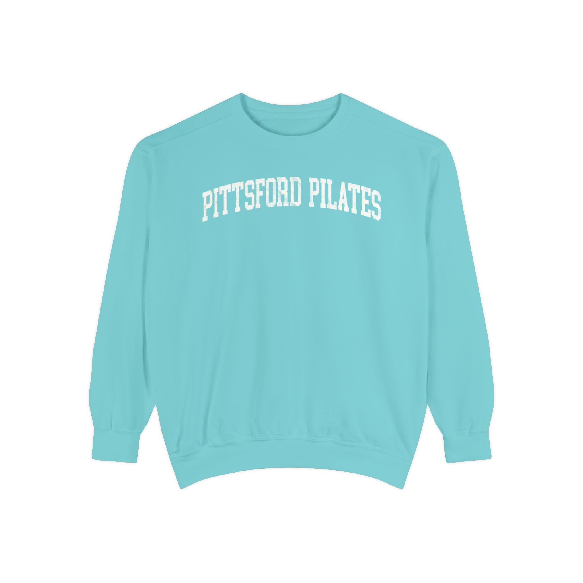Pittsford Pilates Garment-Dyed Crewneck in Light Ice, front — PITTSFORD PILATES lettering