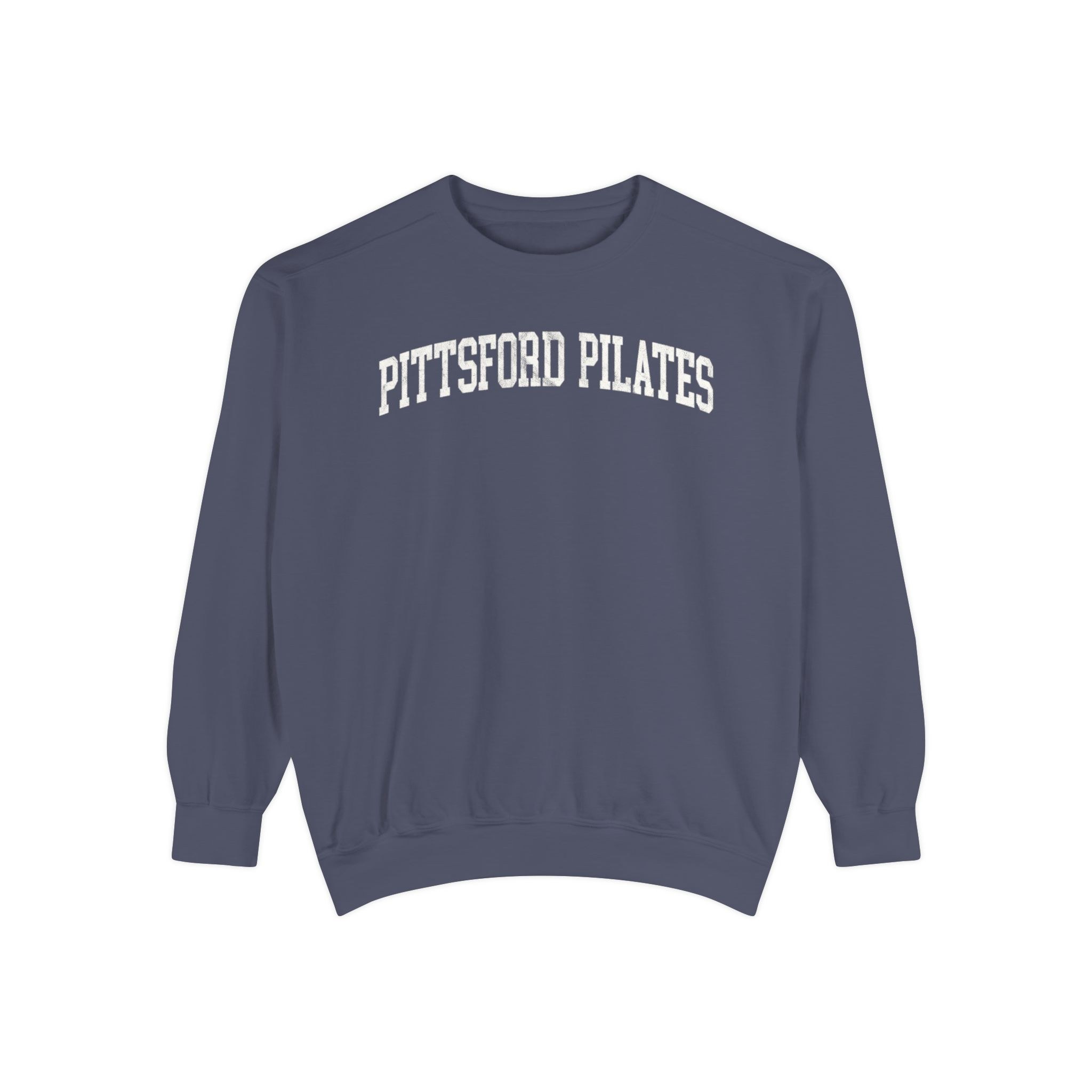 Pittsford Pilates Garment-Dyed Crewneck in Predawn, front — PITTSFORD PILATES lettering