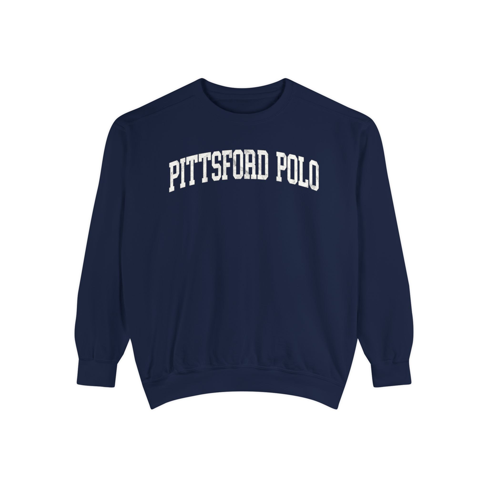 Pittsford Polo Garment-Dyed Crewneck in Boathouse Blue, front — PITTSFORD POLO lettering