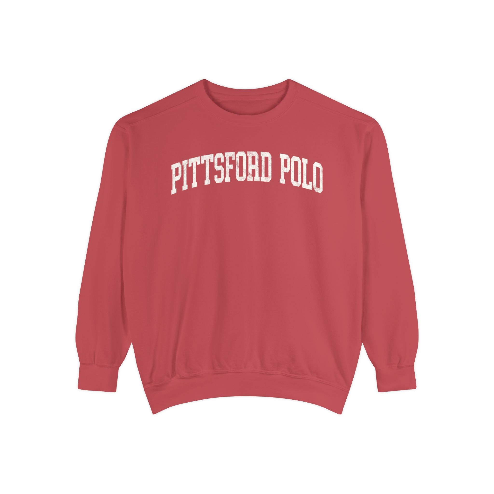 Pittsford Polo Garment-Dyed Crewneck in Collegiate Crimson, front — PITTSFORD POLO lettering