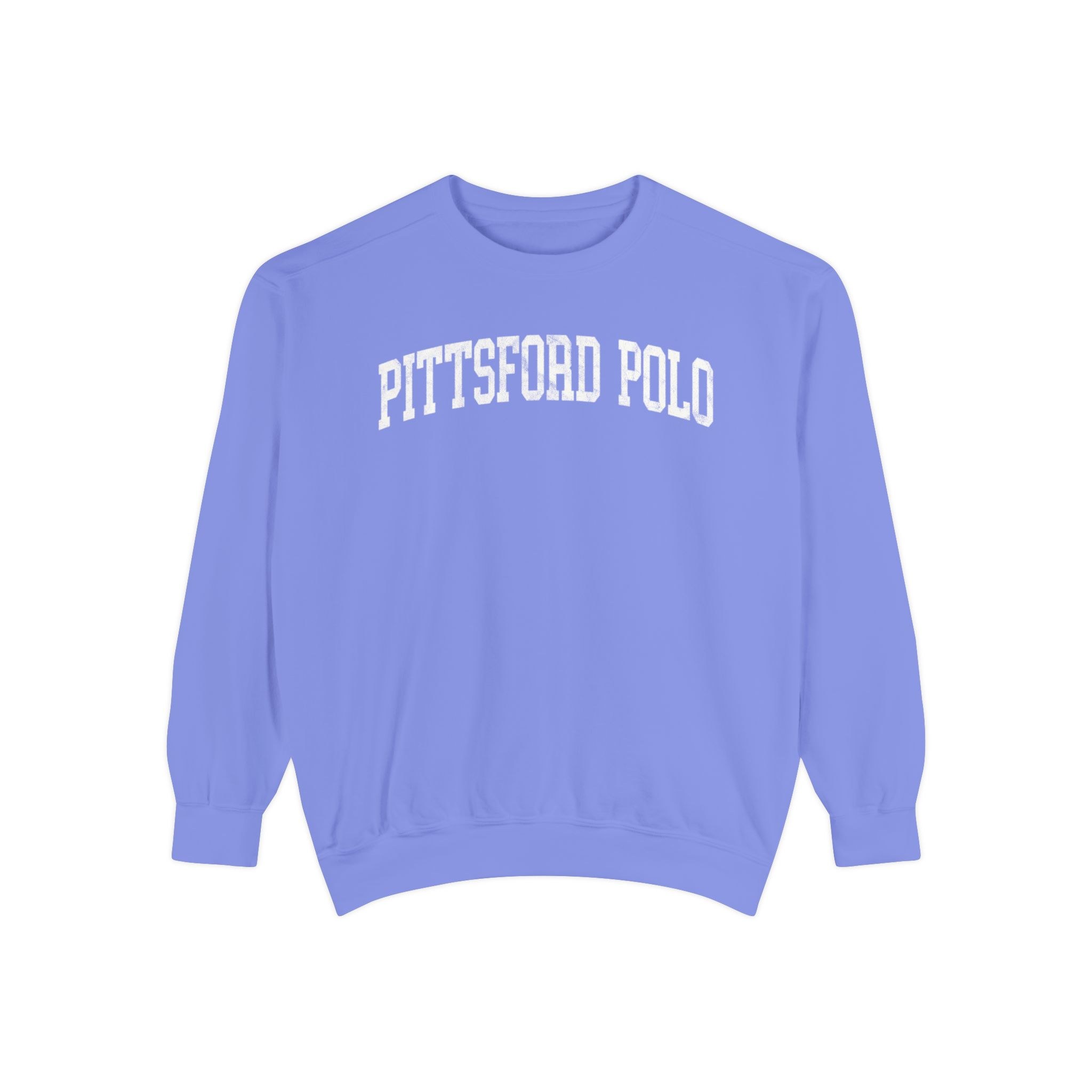 Pittsford Polo Garment-Dyed Crewneck in Conesus Blue, front — PITTSFORD POLO lettering