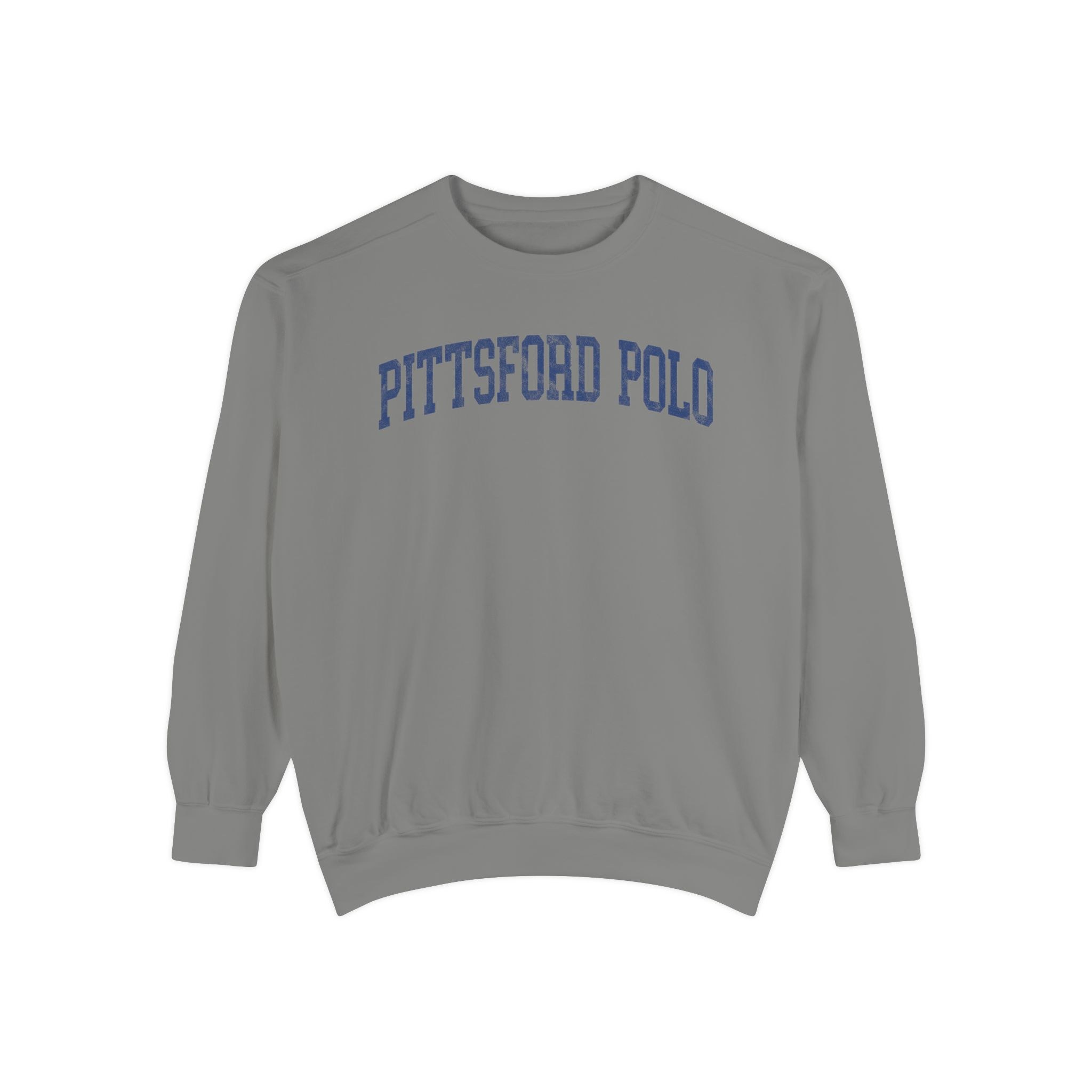 Pittsford Polo Garment-Dyed Crewneck in Dusting, front — PITTSFORD POLO lettering