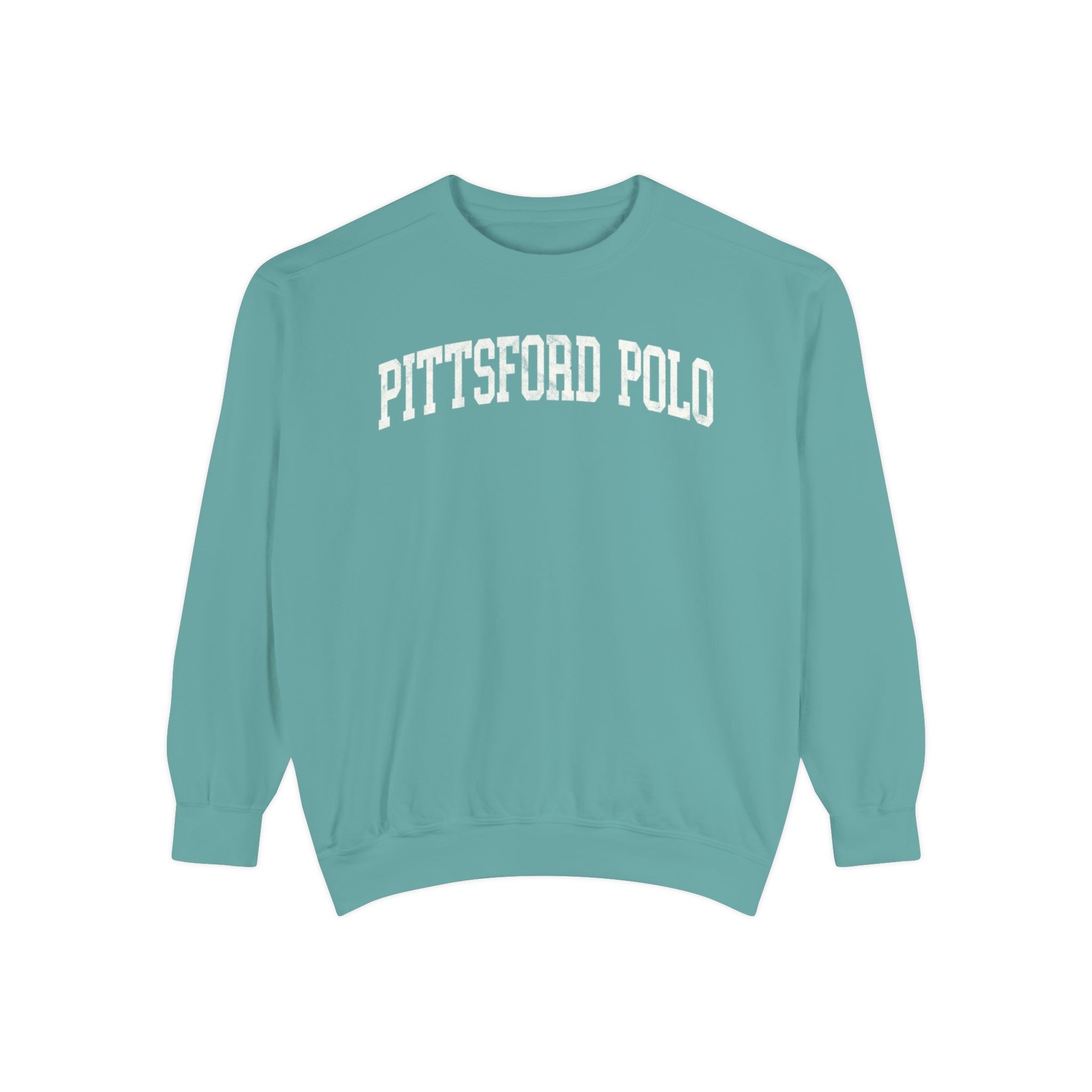 Pittsford Polo Garment-Dyed Crewneck in Erie Blue, front — PITTSFORD POLO lettering