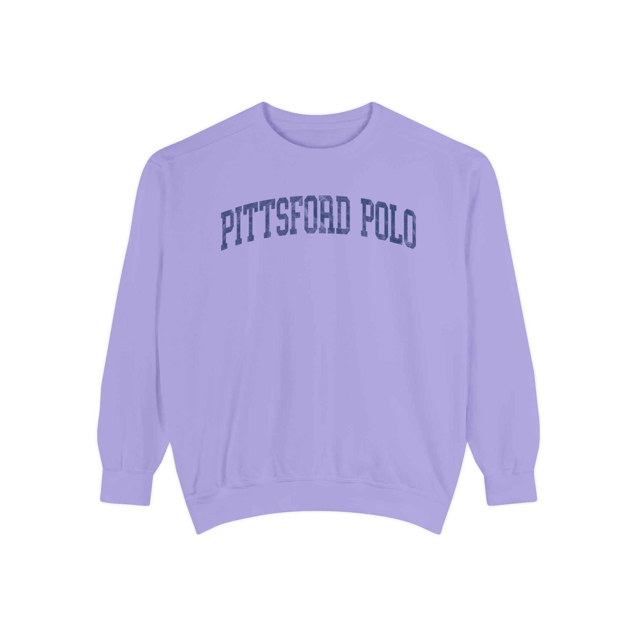 Pittsford Polo Garment-Dyed Crewneck in Lavender Fields, front — PITTSFORD POLO lettering