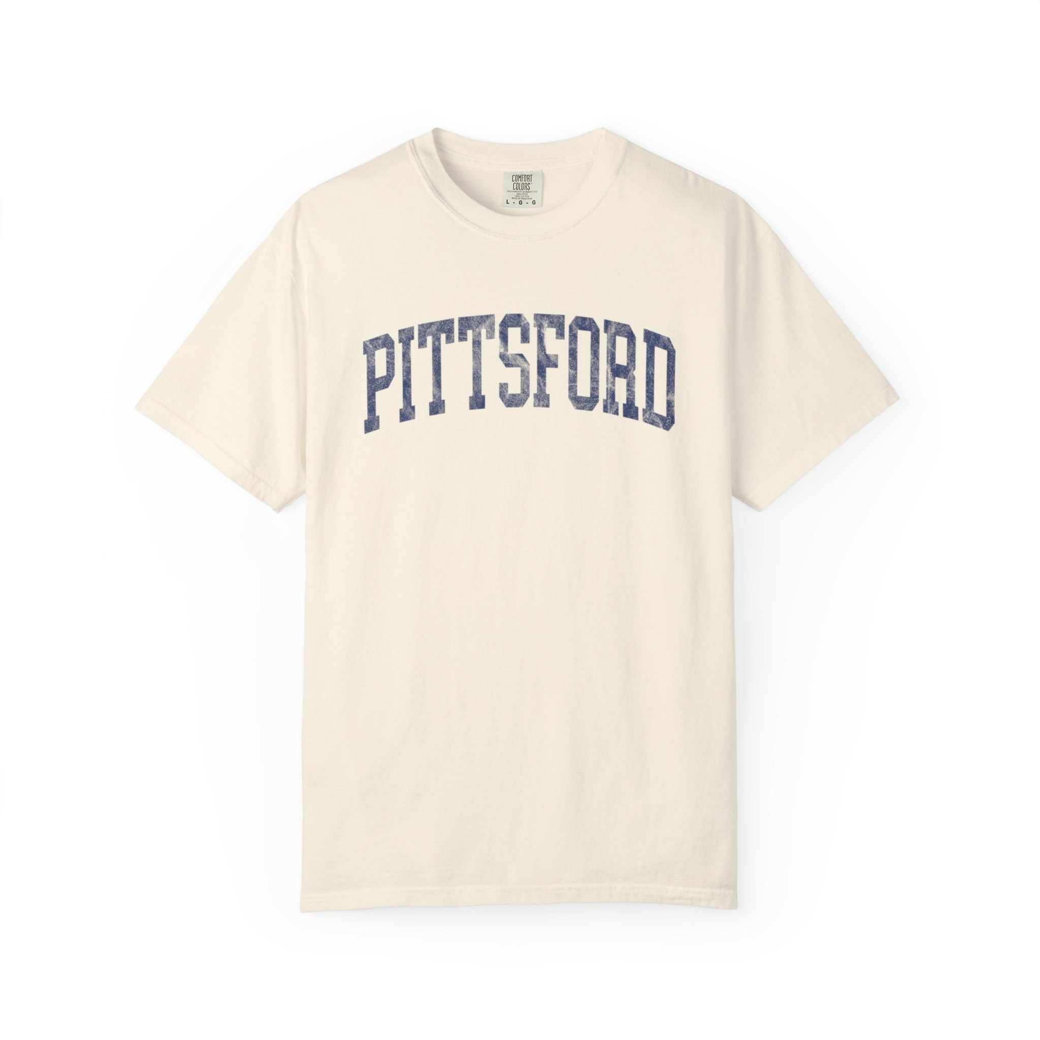 Pittsford Garment-Dyed Tee in Crème Fraîche, front — PITTSFORD lettering