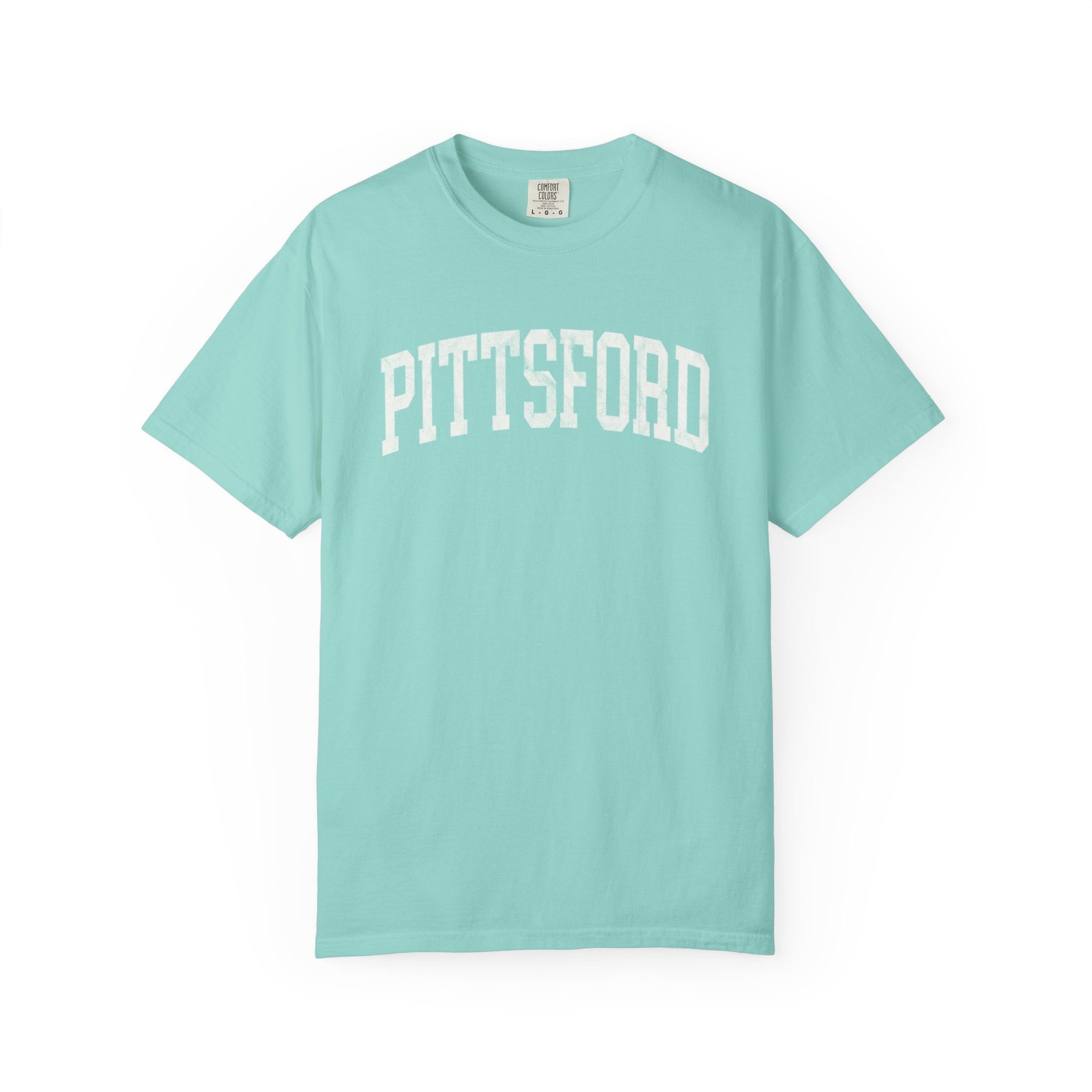 Pittsford Garment-Dyed Tee in Light Ice, front — PITTSFORD lettering