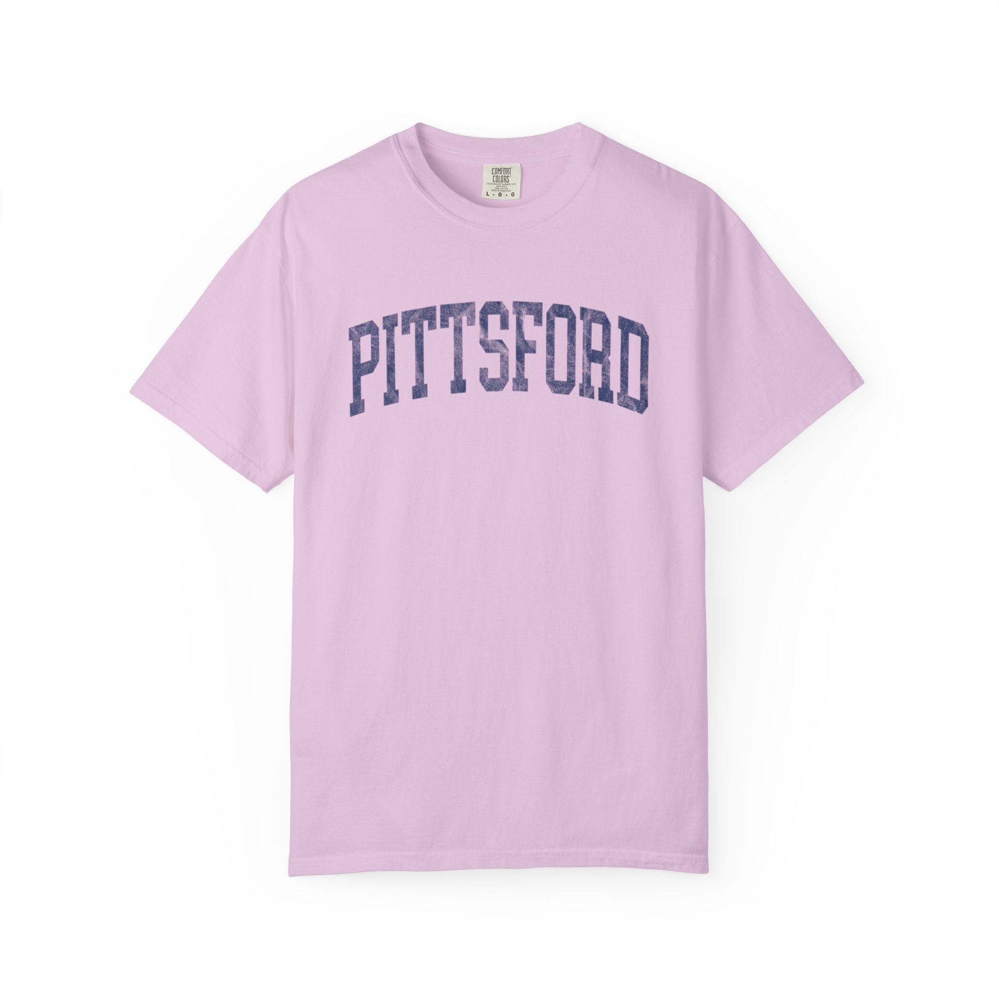Pittsford Garment-Dyed Tee in Lilac Szn, front — PITTSFORD lettering