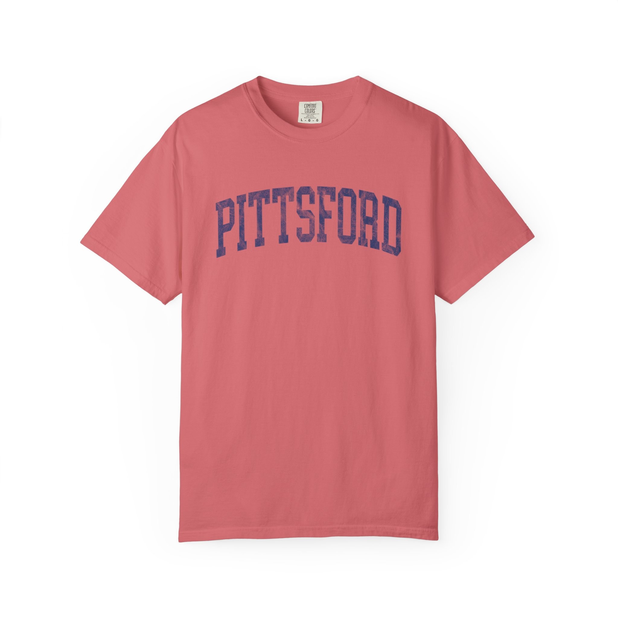 Pittsford Garment-Dyed Tee in Strawberry Cloud, front — PITTSFORD lettering