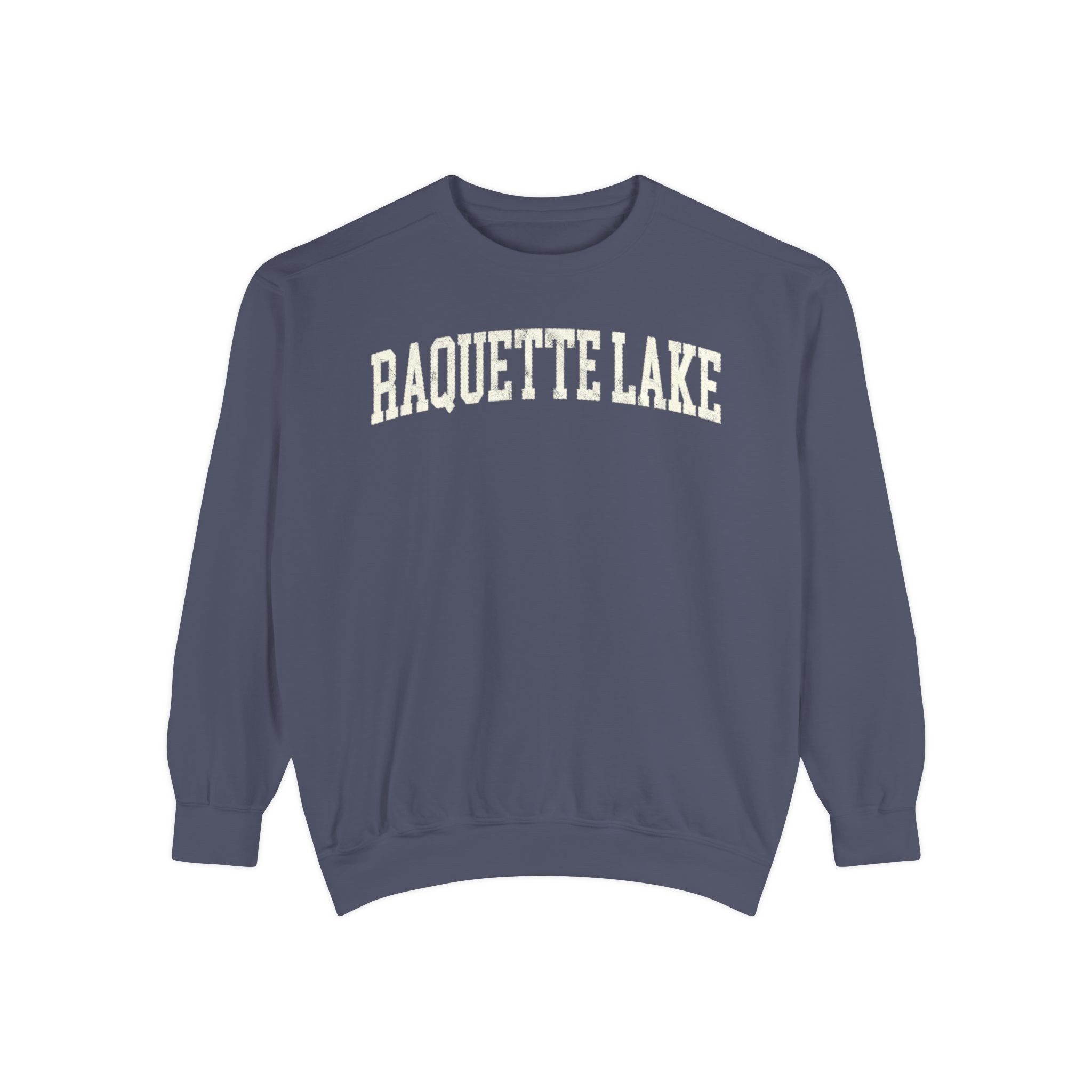 Raquette Lake Garment-Dyed Crewneck in Predawn, front — RAQUETTE LAKE lettering