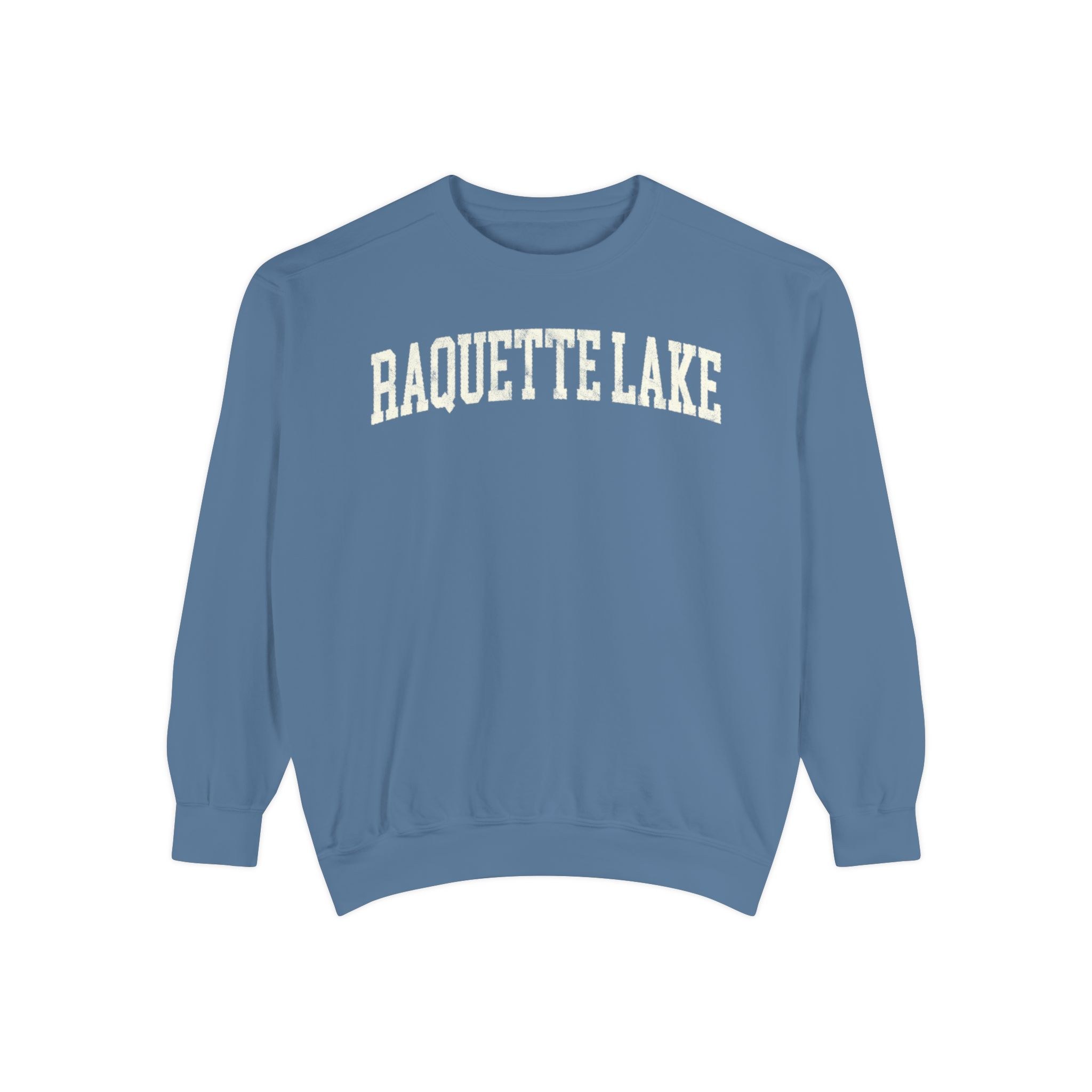 Raquette Lake Garment-Dyed Crewneck in Samantha Blue, front — RAQUETTE LAKE lettering