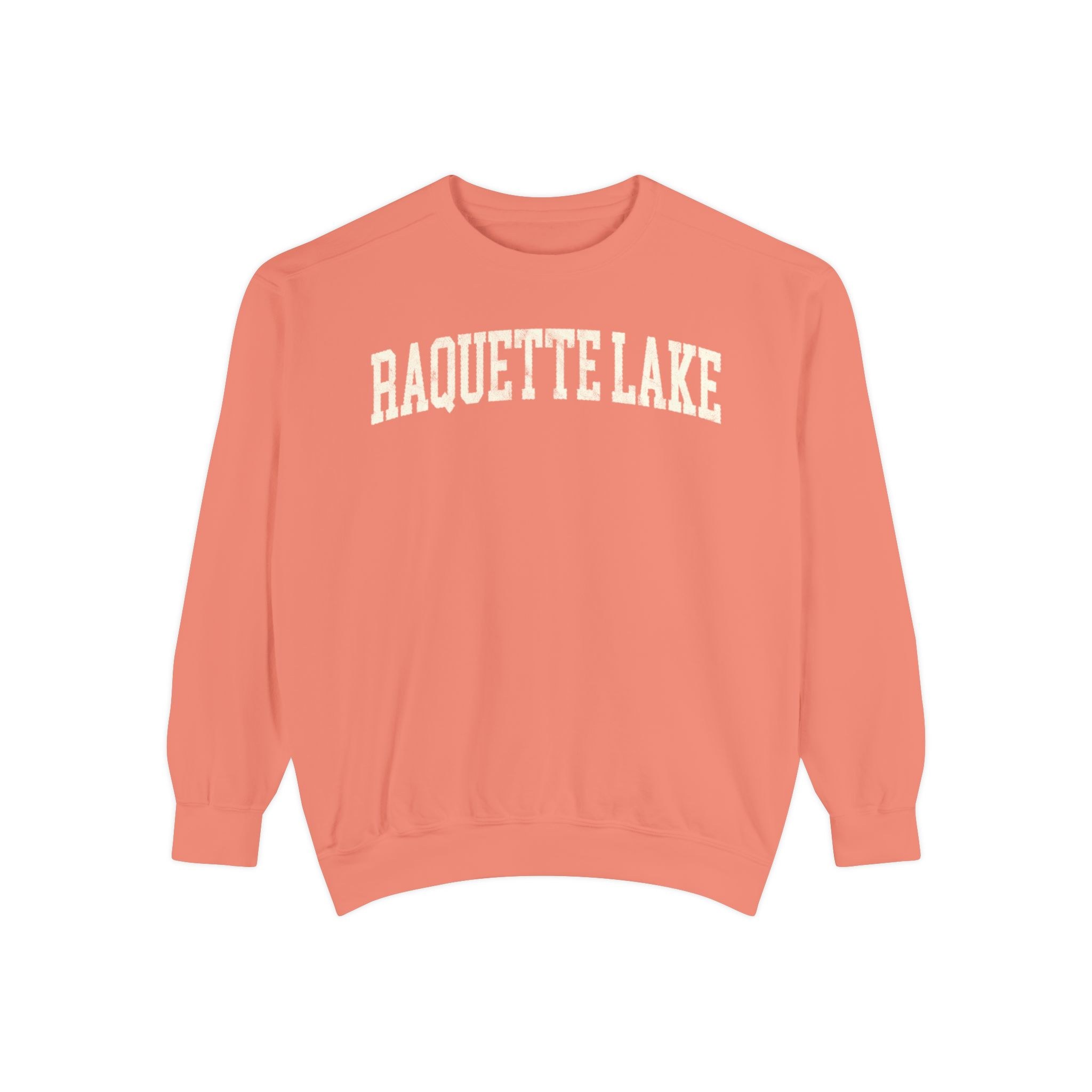 Raquette Lake Garment-Dyed Crewneck in Terracotta, front — RAQUETTE LAKE lettering