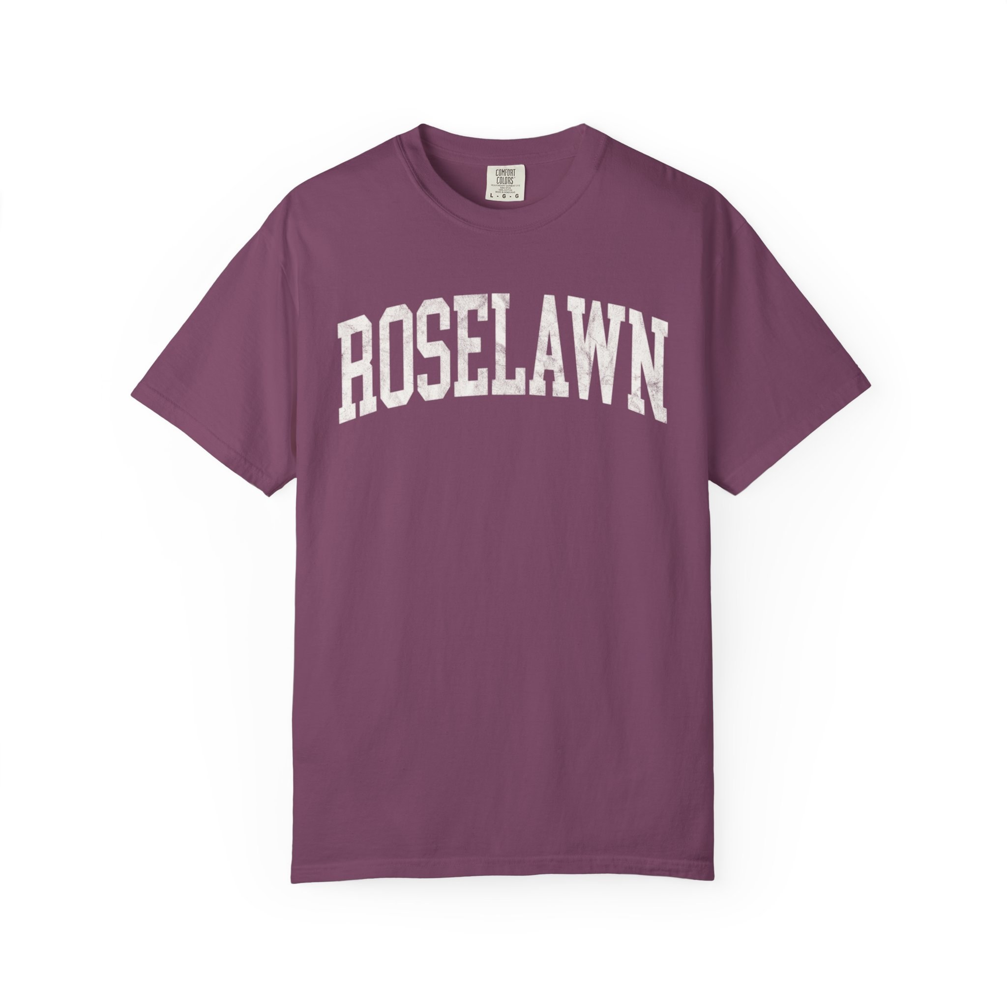 Roselawn Garment-Dyed Tee in Açai Berry, front — ROSELAWN lettering