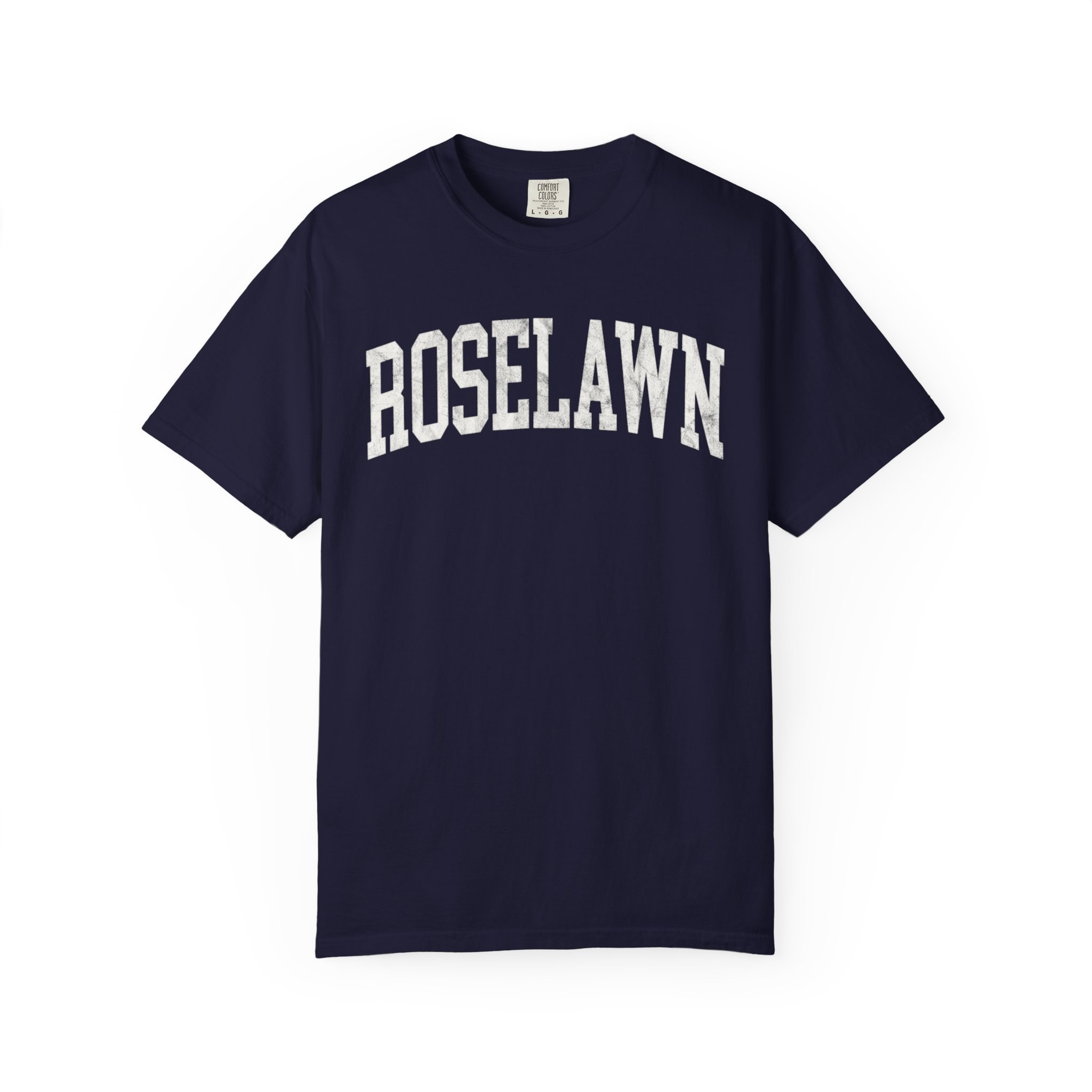 Roselawn Garment-Dyed Tee in Boathouse Blue, front — ROSELAWN lettering